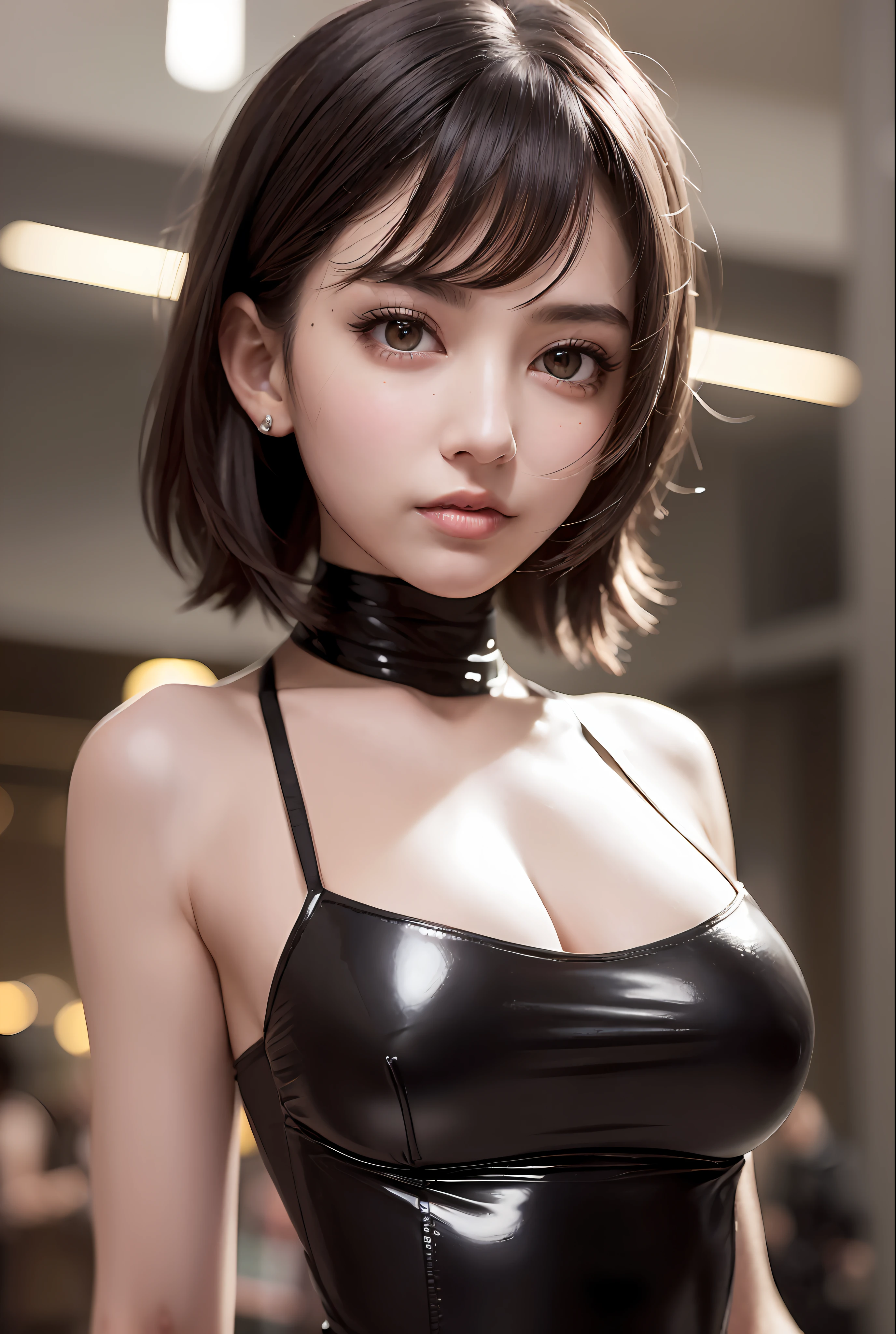 ((top quality, 8k, masterpiece, sharp focus, 35mm lens, f/0.8, stunningly beautiful perfect figure: 1.4)), under lighting, ((natural medium breast)), (white tank top: 1.2), (market background: 1.2), fish hook necklace, hookz, highly detailed face and skin texture: 1.2, detailed black eyes: 1.2, ultra detailed skin, shiny skin: 1.2, grinning, Beautiful detailed makeup: 1.2, high-fidelity bangs, light brown medium cut random hairstyle, from below, looking at the viewer, inverted triangle face, wearing black bodysuit, wearing black latex, black clothes close to the skin