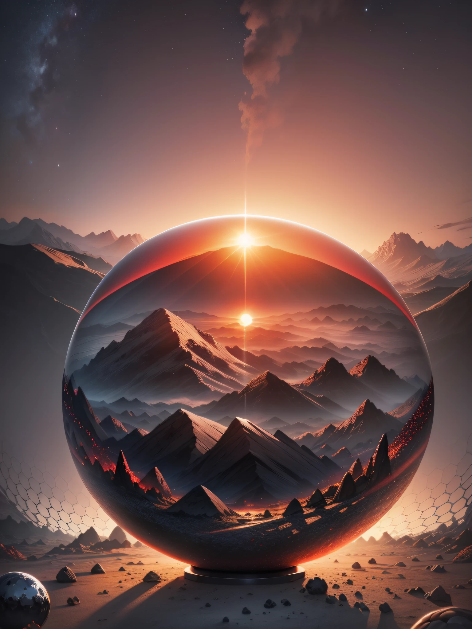 there is a glass sphere with a lifeless black scorched earth inside a sphere with stones to the horizon and a mountain range in the distance ((masterpiece)), (best quality), CG 8k wallpaper, evening landscape, black, gray, red tones, setting sun, black earth