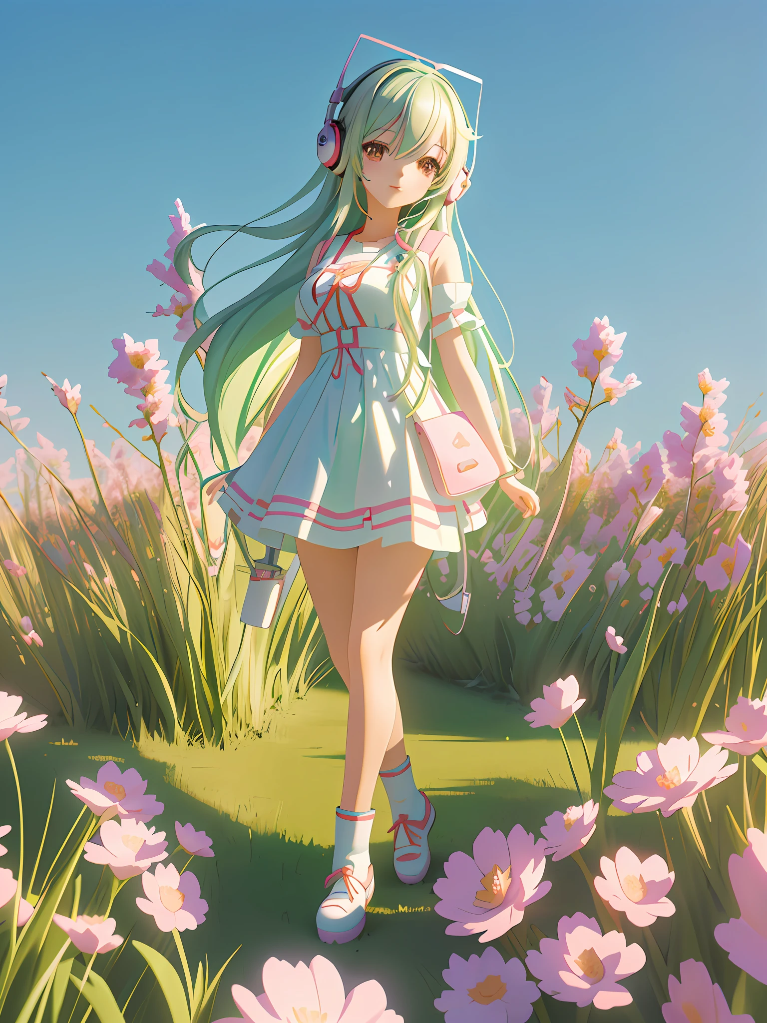 anime girl with headphones and a guitar in a field of flowers, render of a cute 3d anime girl, cute 3 d render, render of april, kawaii realistic portrait, cute detailed digital art, anime styled 3d, realistic anime 3 d style, adorable digital painting, cute digital art, 3d anime girl, artwork in the style of guweiz