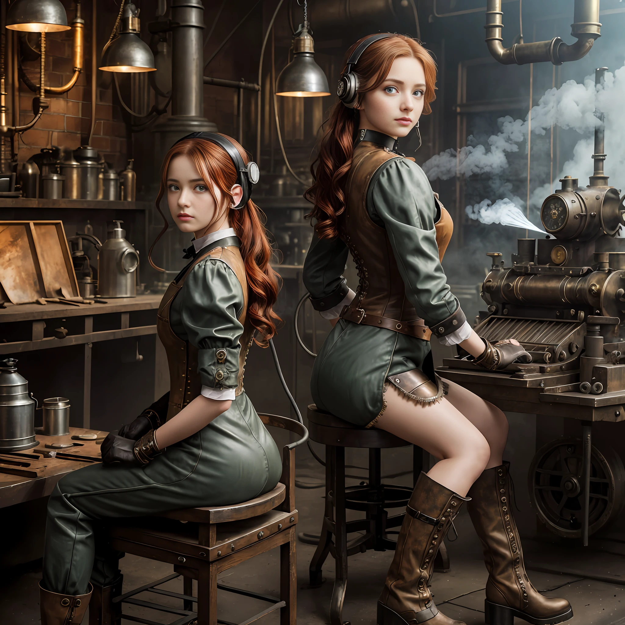 photorealistic, perfect anatomy, realistic character, hyper photorealism, very high contrast lighting, street photography, cinematic lighting, dramatic lighting, shot from the back, (((a girl on a chair is repairing a machine in the steamy smoky workshop))), (a 19 yo girl, (Ana de Armas:0.70), (redhead:1.1)), very cute, (perfect eyes:1.1), photorealistic wavy hair, a girl in a steampunk jumpsuit in light gray color, intercom headset, steampunk choker, long leather boots, perfect detailed face, detailed symmetric green eyes with circular iris, fixing a steam engine in the steampunk garage filled with steam and smoke, cogs and gears, steamy background with lots of steam pipes and steam valves and pressure gauges and gears, intricate background, very highly detailed costume, very highly detailed background, steampunk fantasy style, steampunk , steampunk aesthetic, steamy, smoky