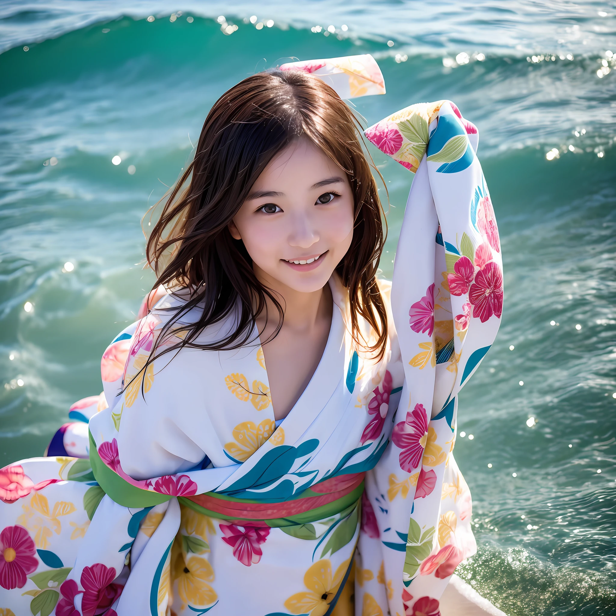 （masterpiece), (best quality), (ultra-detailed), japanese girl swimming in kimono at the beach during sunrise
