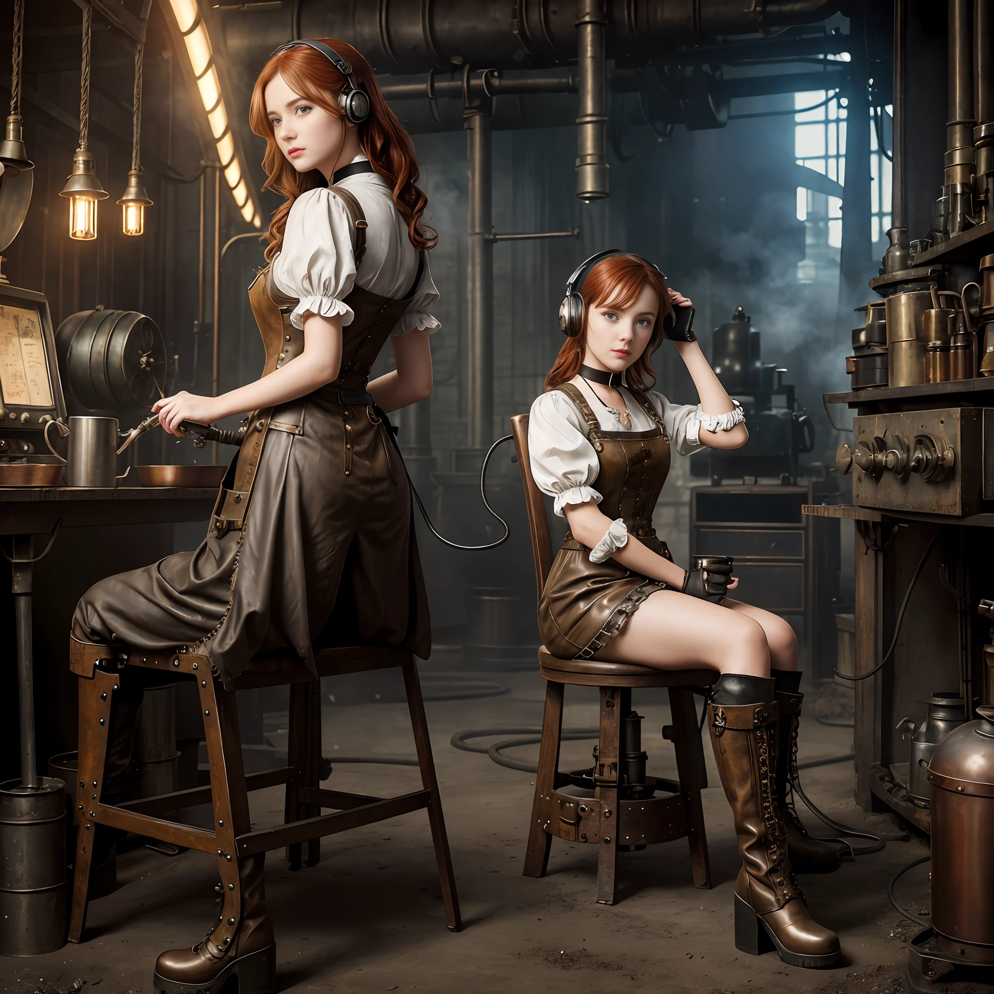 photorealistic, perfect anatomy, realistic character, hyper photorealism, very high contrast lighting, street photography, cinematic lighting, dramatic lighting, shot from the back, (((a girl on a chair is repairing a machine in the steamy smoky workshop))), (a 19 yo girl, (Ana de Armas:0.70), (redhead:1.1)), very cute, (perfect eyes:1.1), photorealistic wavy hair, a girl in a steampunk jumpsuit in light gray color, intercom headset, steampunk choker, long leather boots, perfect detailed face, detailed symmetric green eyes with circular iris, fixing a steam engine in the steampunk garage filled with steam and smoke, cogs and gears, steamy background with lots of steam pipes and steam valves and pressure gauges and gears, intricate background, very highly detailed costume, very highly detailed background, steampunk fantasy style, steampunk , steampunk aesthetic, steamy, smoky
