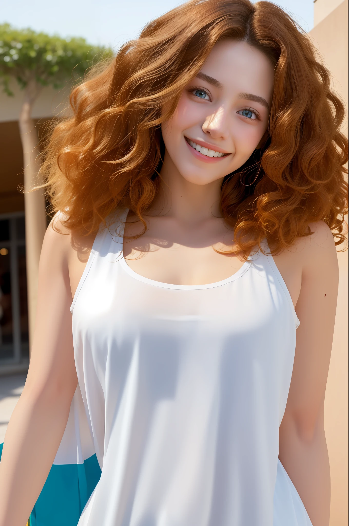 Masterpiece, best quality, super detailed,a beautiful girl,Curly hair, smile face,wearing white T-shirt and blue jeans, walking in the shopping malls, beautiful shopping malls background , detailed skin,8K, full body shot