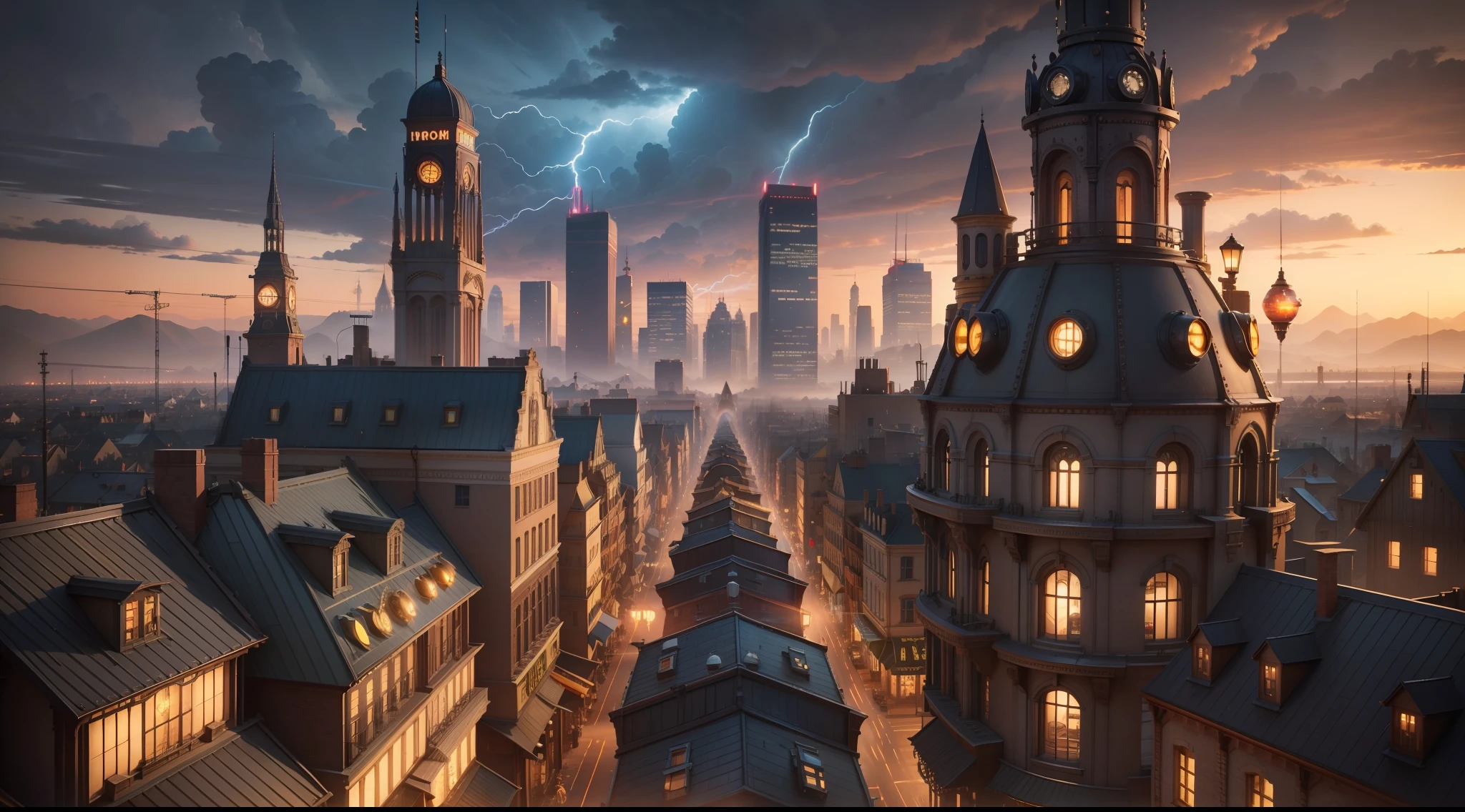 /imagine prompt: illustration of Thunderbolt from the sky above the city, with round iron balls shining ,Steampunk City Square::10, lightning::13, Mechanical iron ball::15, rule of thirds composition::8, tilt-shift::13, ultrawide shot::3, Unreal Engine::15, Studio light::8, beautiful lighting::13, Cinematic light::12, Bold and bright::10, Dramatic::13, hyper quality::12, Steampunk cityscape::14, Steam-powered machinery::12 --seed 32455 --s 400 --q 2 --c 40