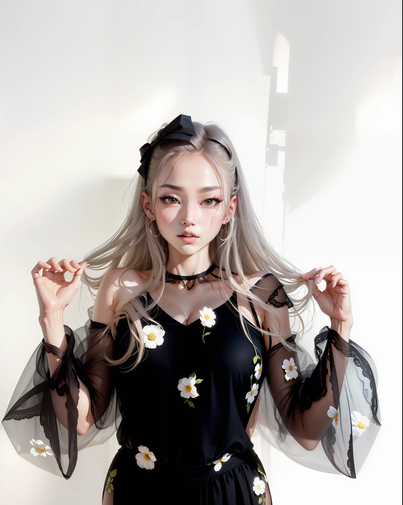 Ace, 4k, High Resolution, Masterpiece, Best Quality, Head: 1.3, (Korean K-pop Idol), Delicate Skin, Sharp Focus, (Cinema Lighting), Clavicle, Morning, Soft Light, Dynamic Angle, [:(detailed face:1.2):0.2], armpit wrinkles, thighs, white thong, slim, mid-chest, cleavage, full body, white miniskirt, no panties, sheer skirt, super thin skirt
