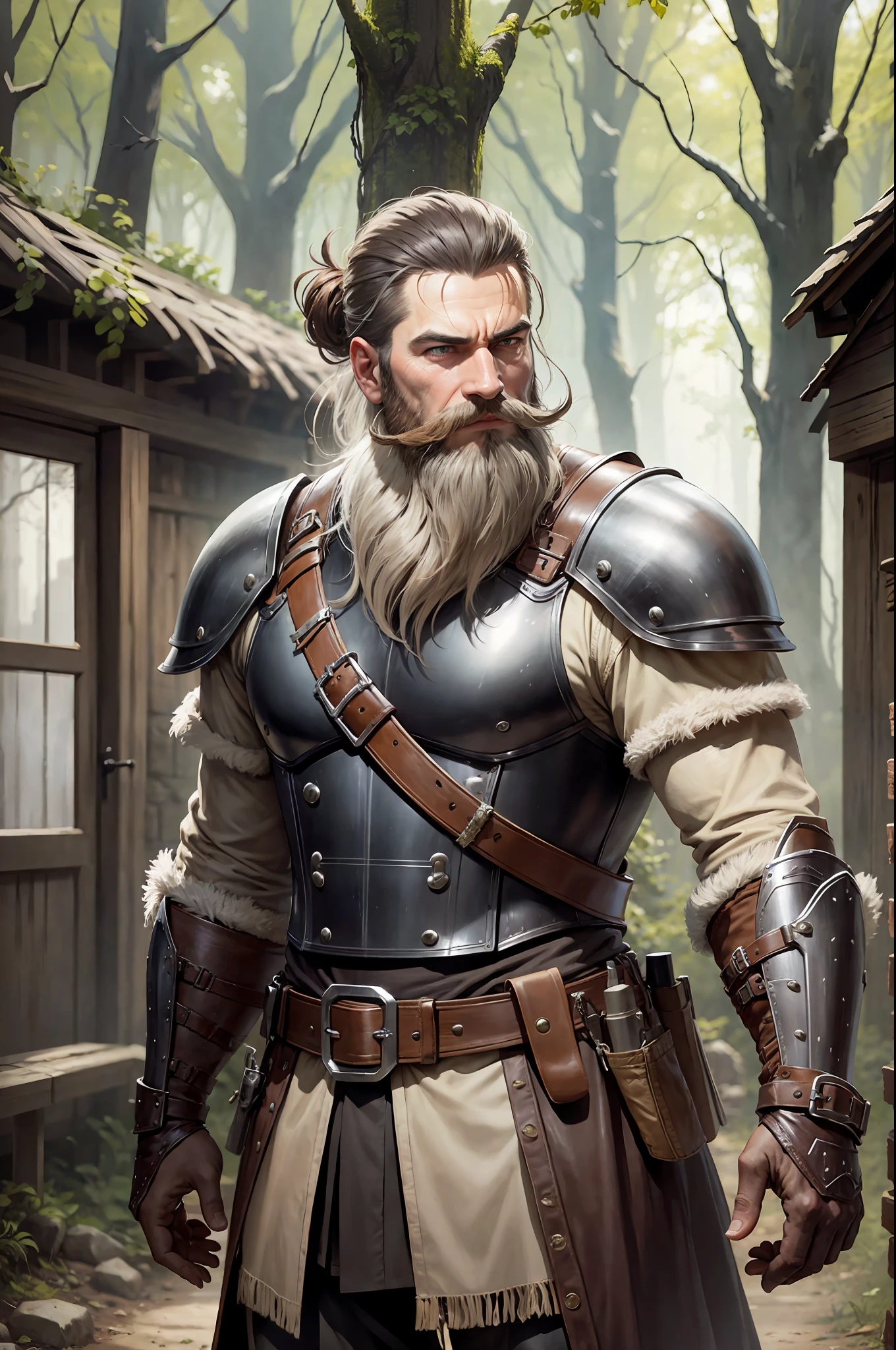 A hunter man in leather light armor, with a beard and mustache, stands near an old mill