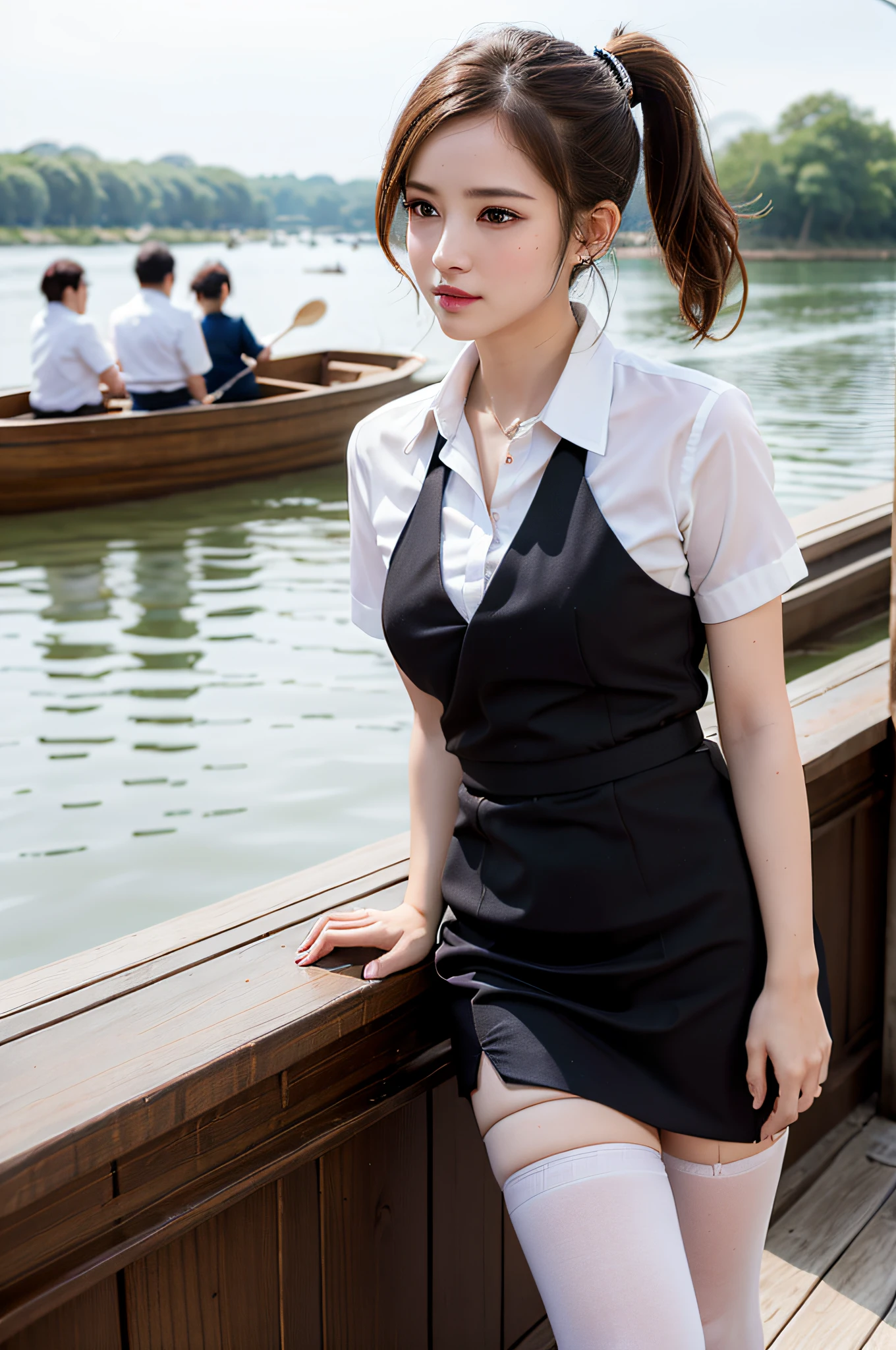 (Masterpiece), (Best Quality: 1.0), (Ultra High Resolution: 1.0), Delicate Eyes, 1 Girl, (Big), Soaked Shirt, (Stockings), Ponytail, Dragon Boat Festival, (Short Skirt), (Dragon Boating, Boating), Realistic, (River, Pier, Beautiful Views)