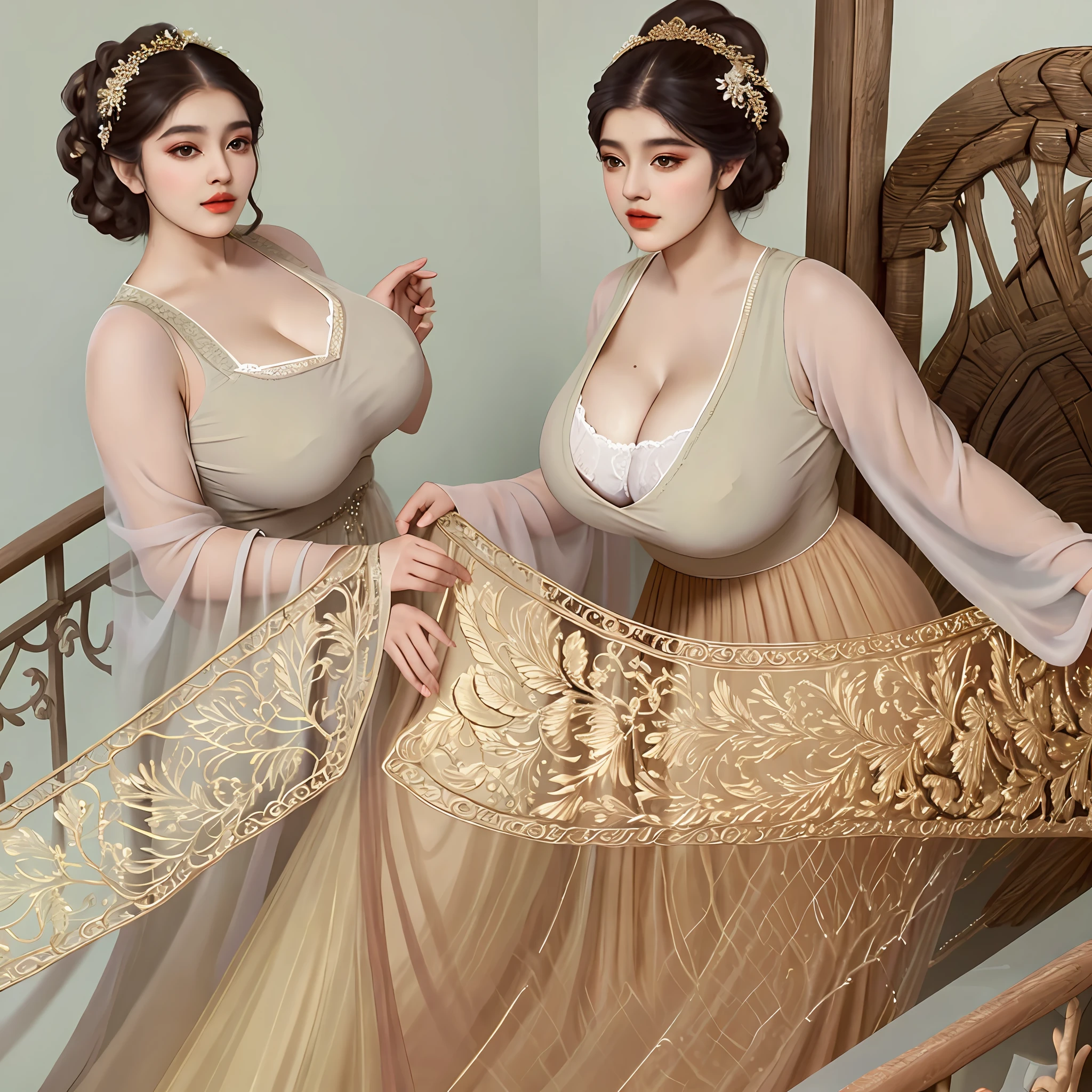 Muslim woman in brown dress posing in front of railing, stunning giant goddess shot, busty, see-through dress, sexy dress, curvy model, thicc, big boobs sfw, hot chick, big boobs!, big boobs covered, huge boobs, thick neck, big tits!!, curvy, curvy body, covered boobs and sfw, see-through
