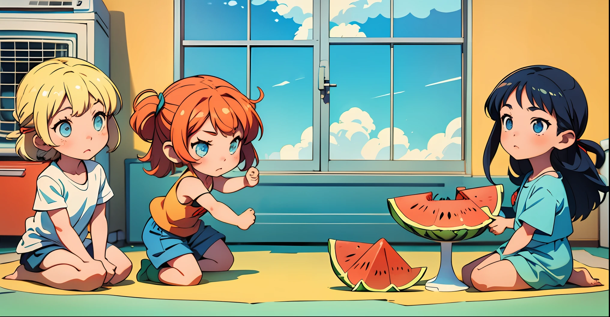 , hot summer, three eating watermelon in the room, hanging air conditioner on the wall, cabinet air conditioner standing on the floor, yellow and blue color matching room, anime, anime style 4K --auto --s2