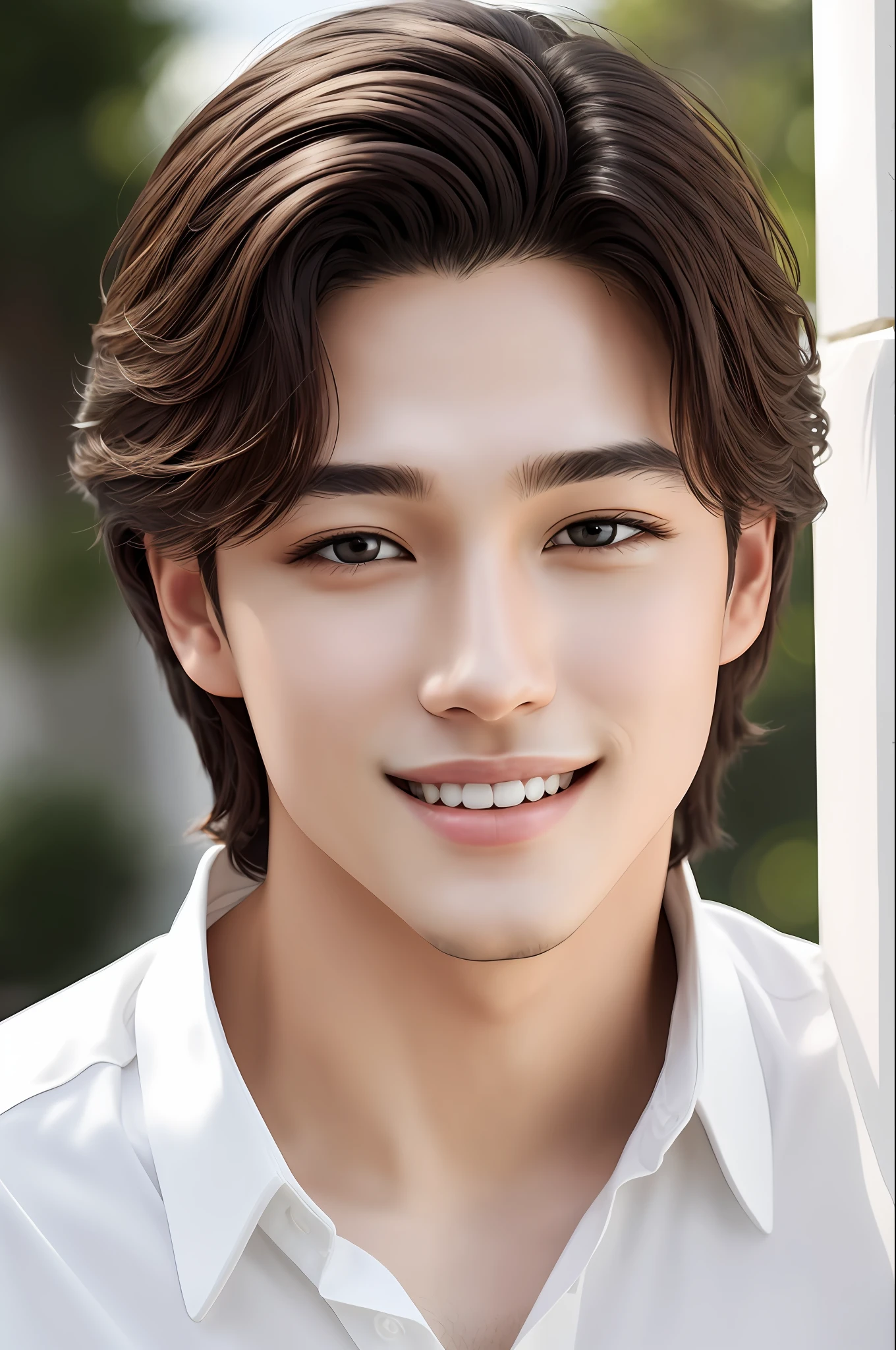 oppav3, (masterpiece, super quality, high resolution, 8k, complex: 1.2), (detailed face: 1.2), (wearing a white shirt: 1.5), handsome, detailed skin, pores, absurdity, lump, 1 boy, male focus, (realistic)), good lighting quality, delicate body, hallyu idol, ((pale skin)), bend, balanced eyes, brown eyes, smile, white teeth, smooth hair