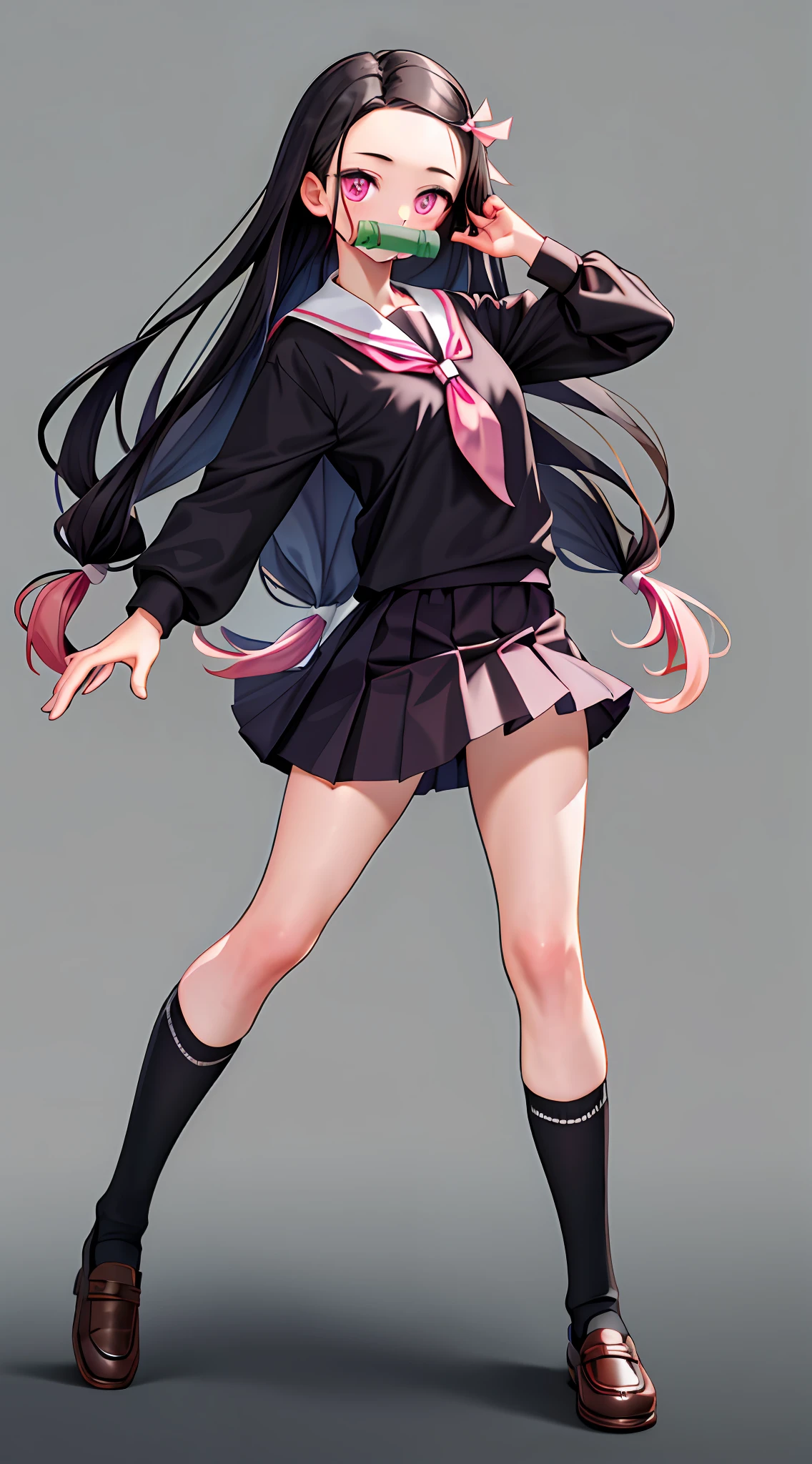 1girl, Kamado Nezuko, pink eyes, black hair, hair ribbon, pink ribbon, ribbon, long hair, multicolored hair, very long hair, bit gag, gag, full body, sexy posing, standing, looking at the viewer, (neckline: 0.5), (tie, schoolgirl, long sleeve shirt, black pleated skirt, socks), (class: 1.2), volumetric lighting, (depth of field: 0.65), erotica