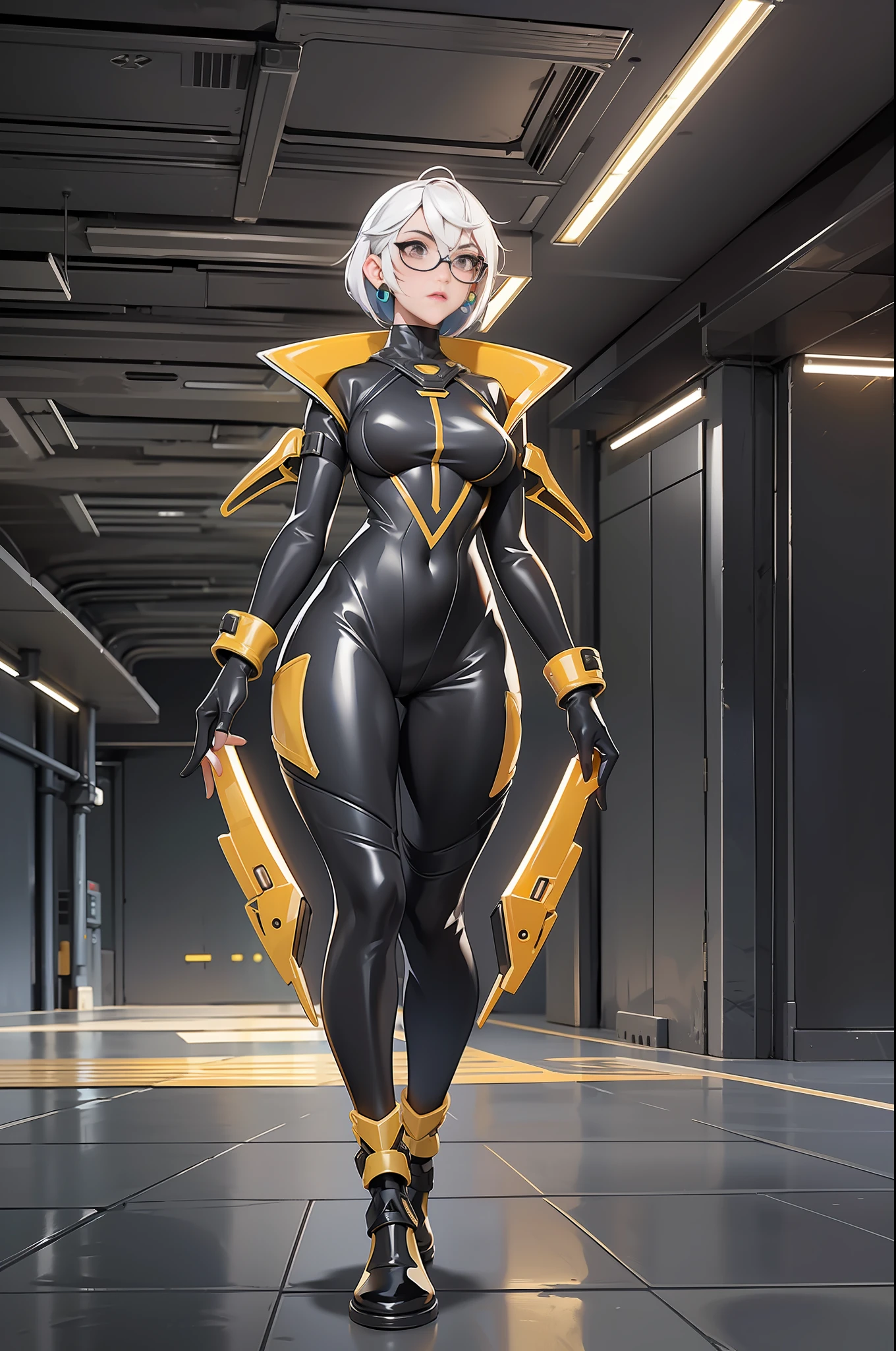 full body picture Unreal Engine 5 8K UHD of a beautiful adult girl, short white hair, wearing cyberpunk futuristic black latex catsuit, gold lace, latex glove, earrings, short hair, gold necklace, glasses, best quality, masterpiece