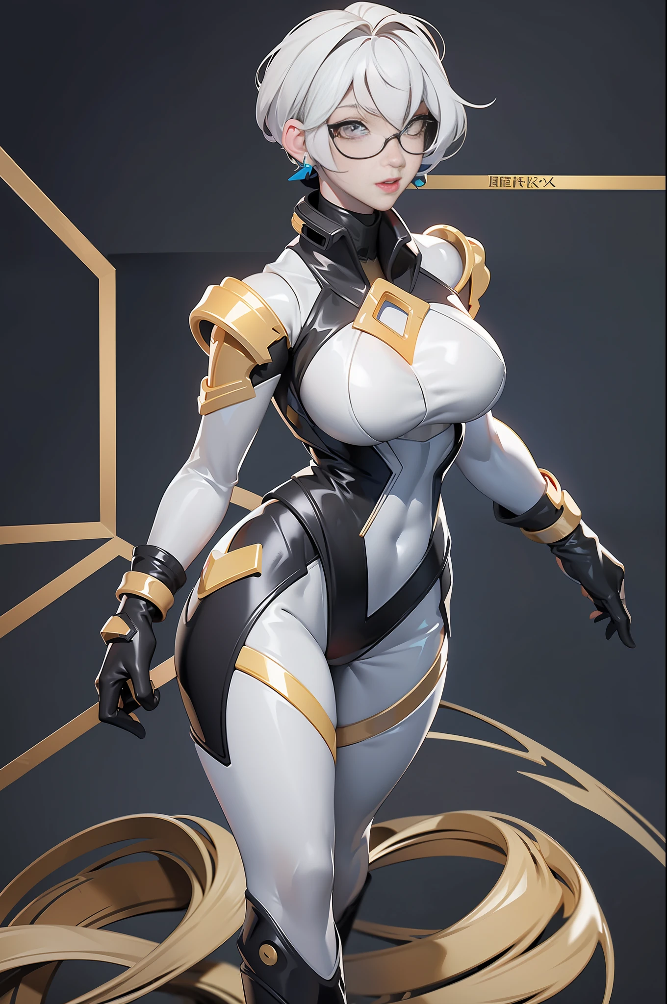 full body picture Unreal Engine 5 8K UHD of a beautiful adult girl, short white hair, wearing cyberpunk futuristic black latex catsuit, gold lace, latex glove, earrings, short hair, gold necklace, glasses, best quality, masterpiece