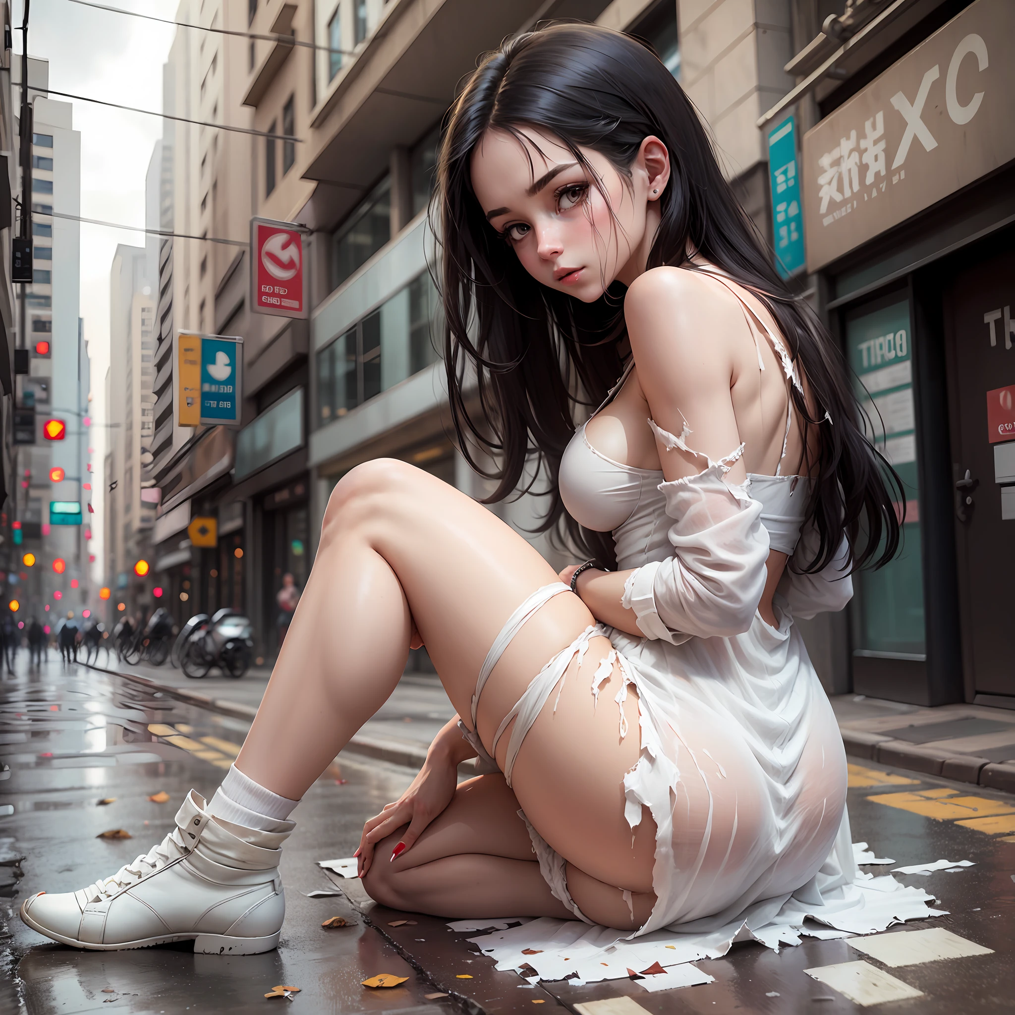 white girl, 25 years old, torn clothes, little white dress, dirty, torn exposing her feminine part, sitting in the street with her legs open, ass exposed, reality, beautiful strong legs, straight black hair. --auto --s2