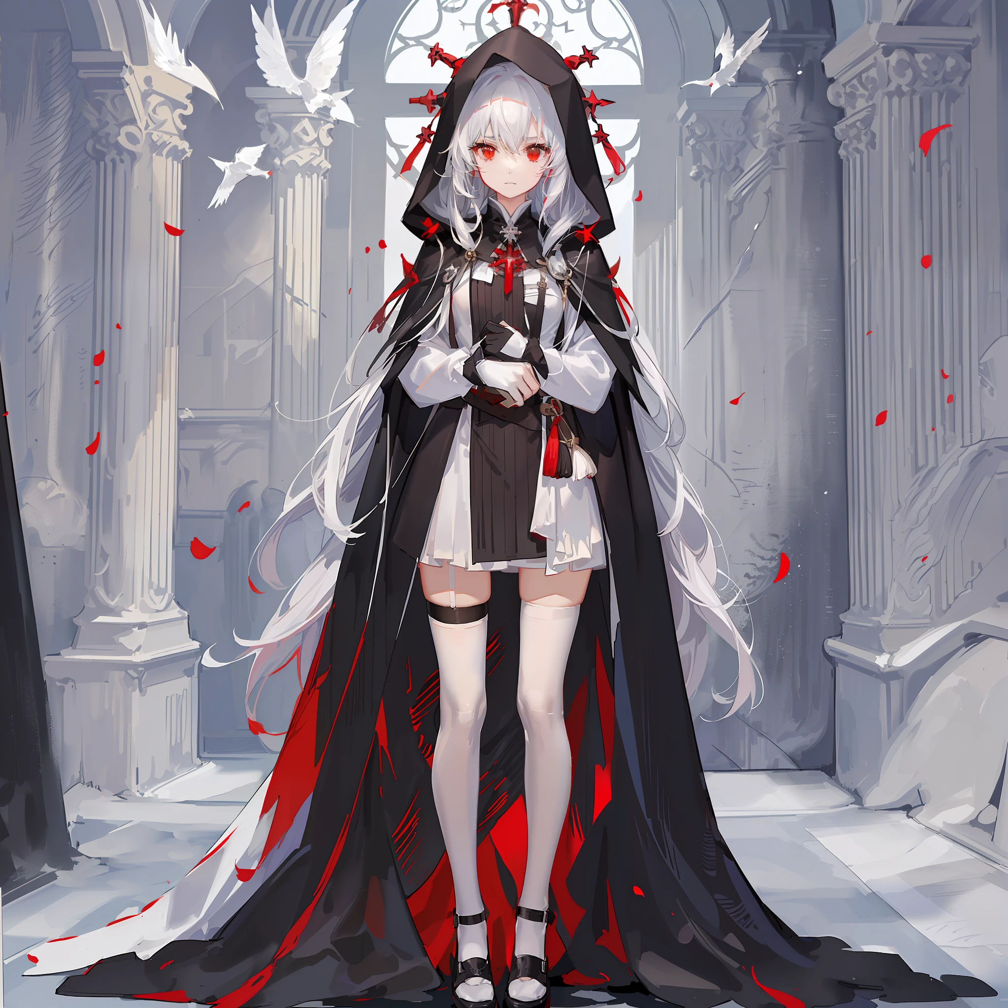 Maiden, white stockings, round red thread striped road black robe, hood, cape, red eyes, long white hair, faint smile, standing posture, full body, mage, holy girl