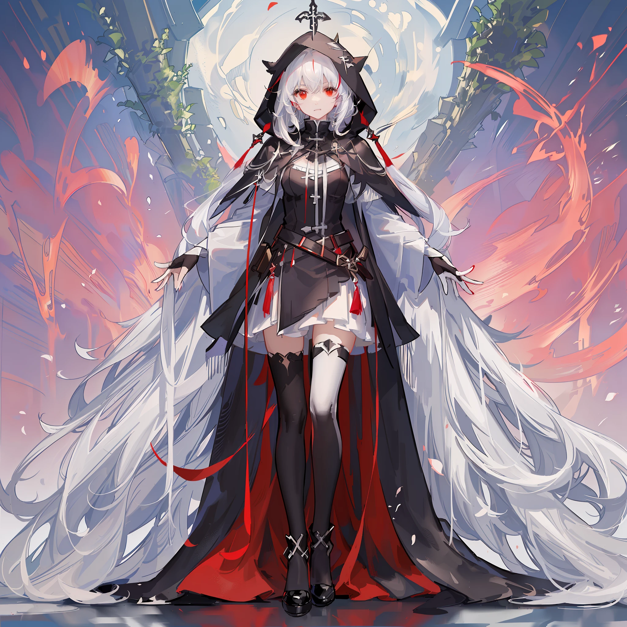 Maiden, white stockings, round red thread striped road black robe, hood, cape, red eyes, long white hair, faint smile, standing posture, full body, mage, holy girl