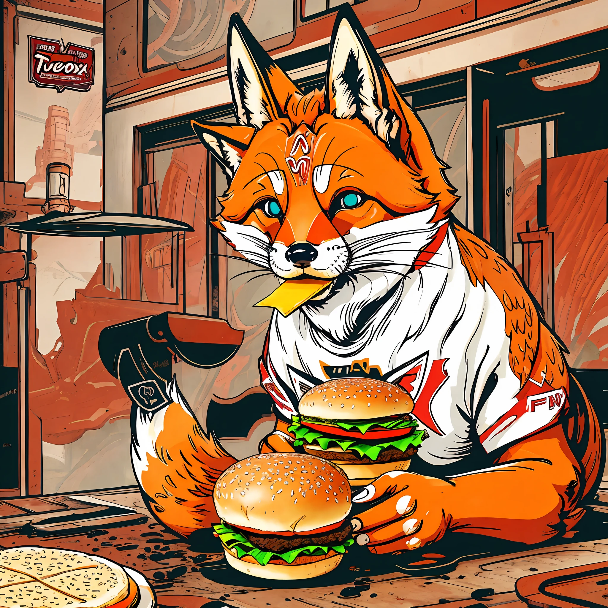 Fox eating hamburger, T-shirt design --auto --s2