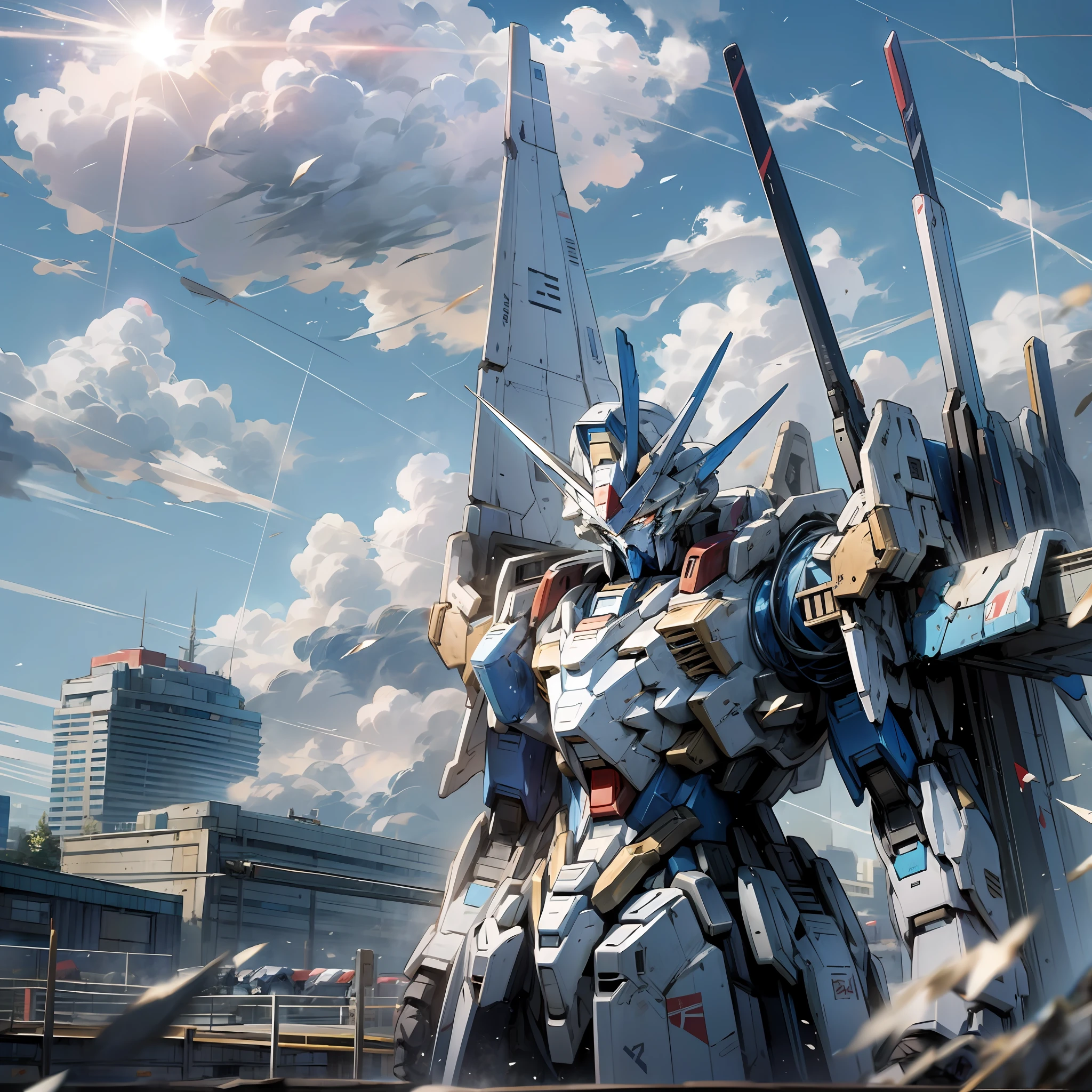 Gundam, Battle Damage, Blue and White, Sky, Impact, Intense, City, Real, Detail, Detailed, 8K, Sunlight, White Clouds, Human, Final Battle --auto --s2