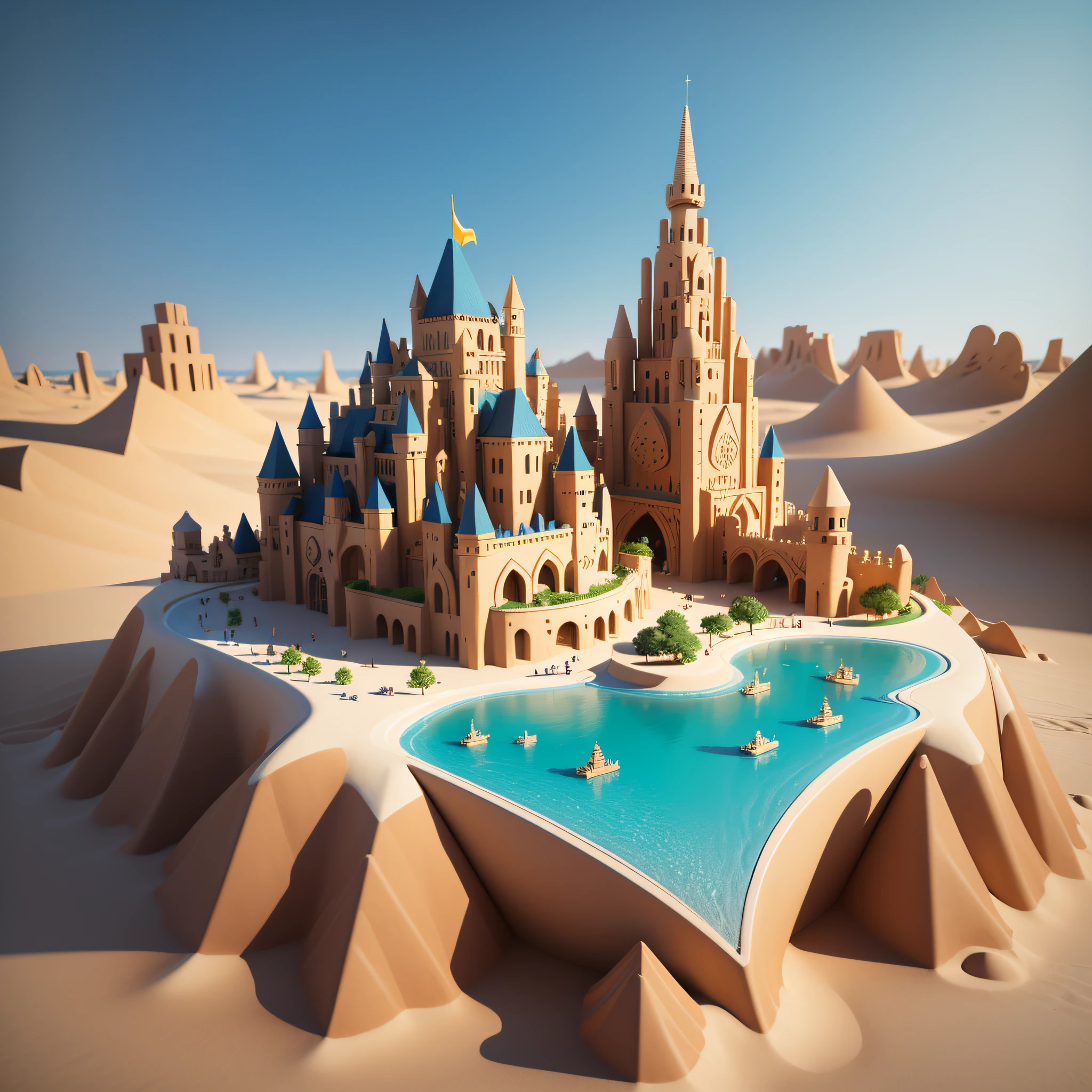 Create a cubist artwork consisting of a surreal sandcastle with contrasting and bold color schemes. Use burnt paper effect with isometric views to transfer to a 3D digital model. --auto --s2