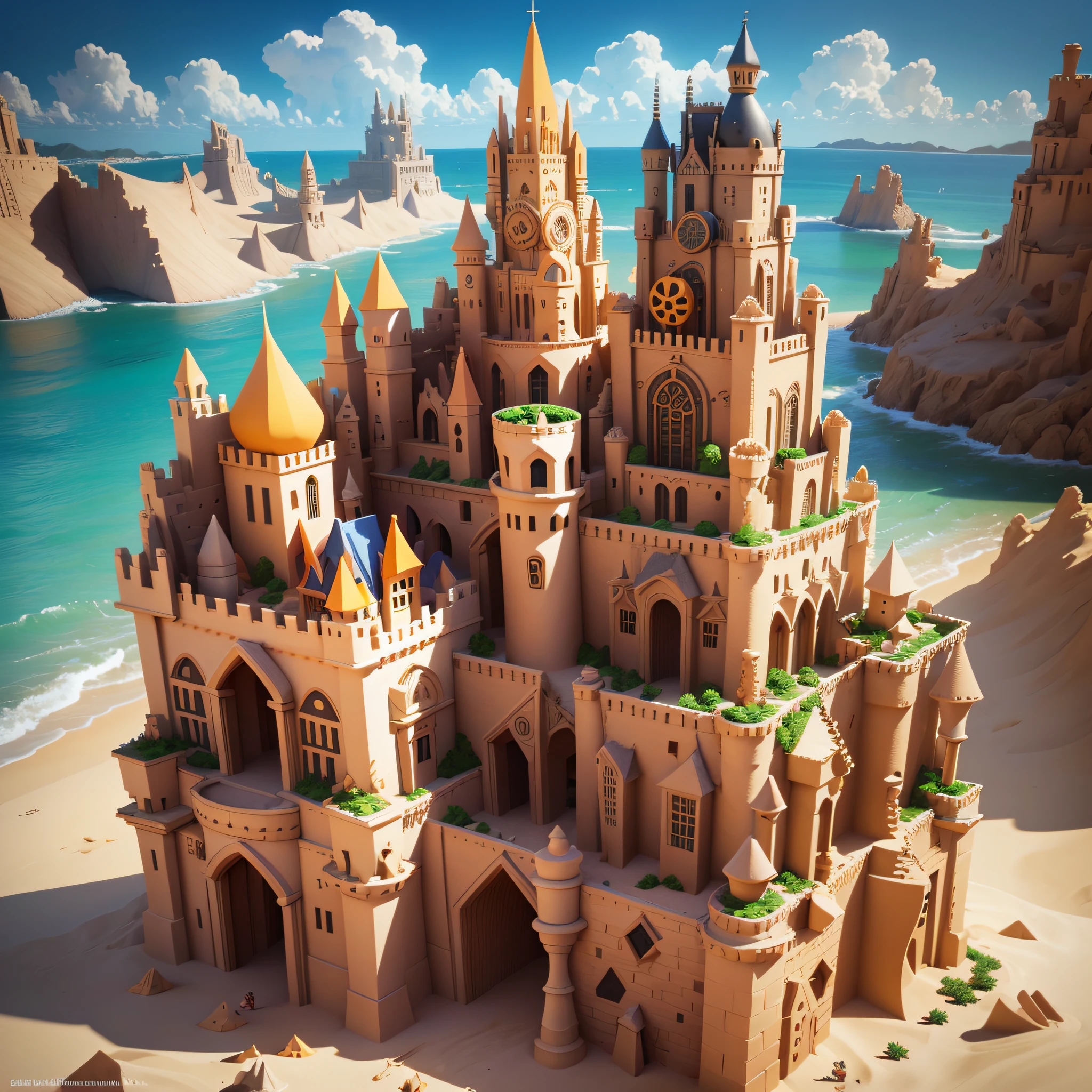 Create a cubist artwork consisting of a surreal sandcastle with contrasting and bold color schemes. Use burnt paper effect with isometric views to transfer to a 3D digital model. --auto --s2