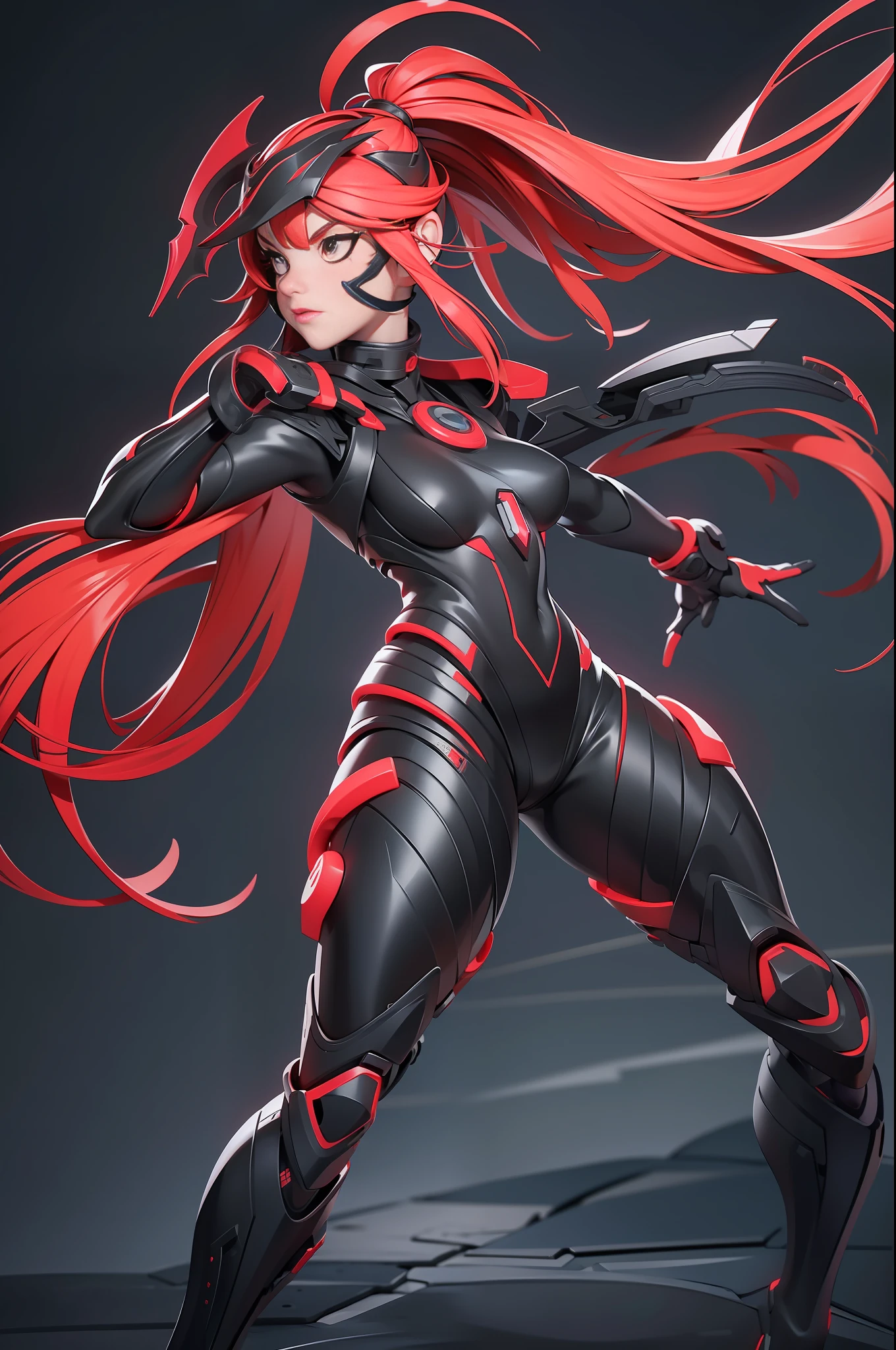 full body picture Unreal Engine 5 8K UHD of beautiful girl, red pony tail hair, wearing futuristic black tight battle suit, half face mask, futuristic neck collar, red light details, dark makeup, best quality, masterpiece