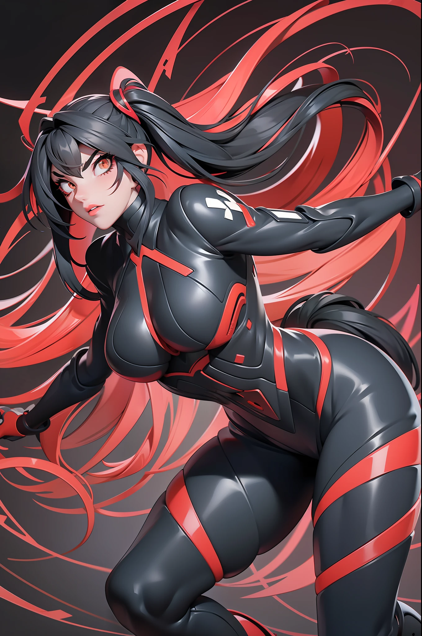 full body picture Unreal Engine 5 8K UHD of beautiful girl, red pony tail hair, wearing futuristic black tight battle suit, half face mask, futuristic neck collar, red light details, dark makeup, best quality, masterpiece