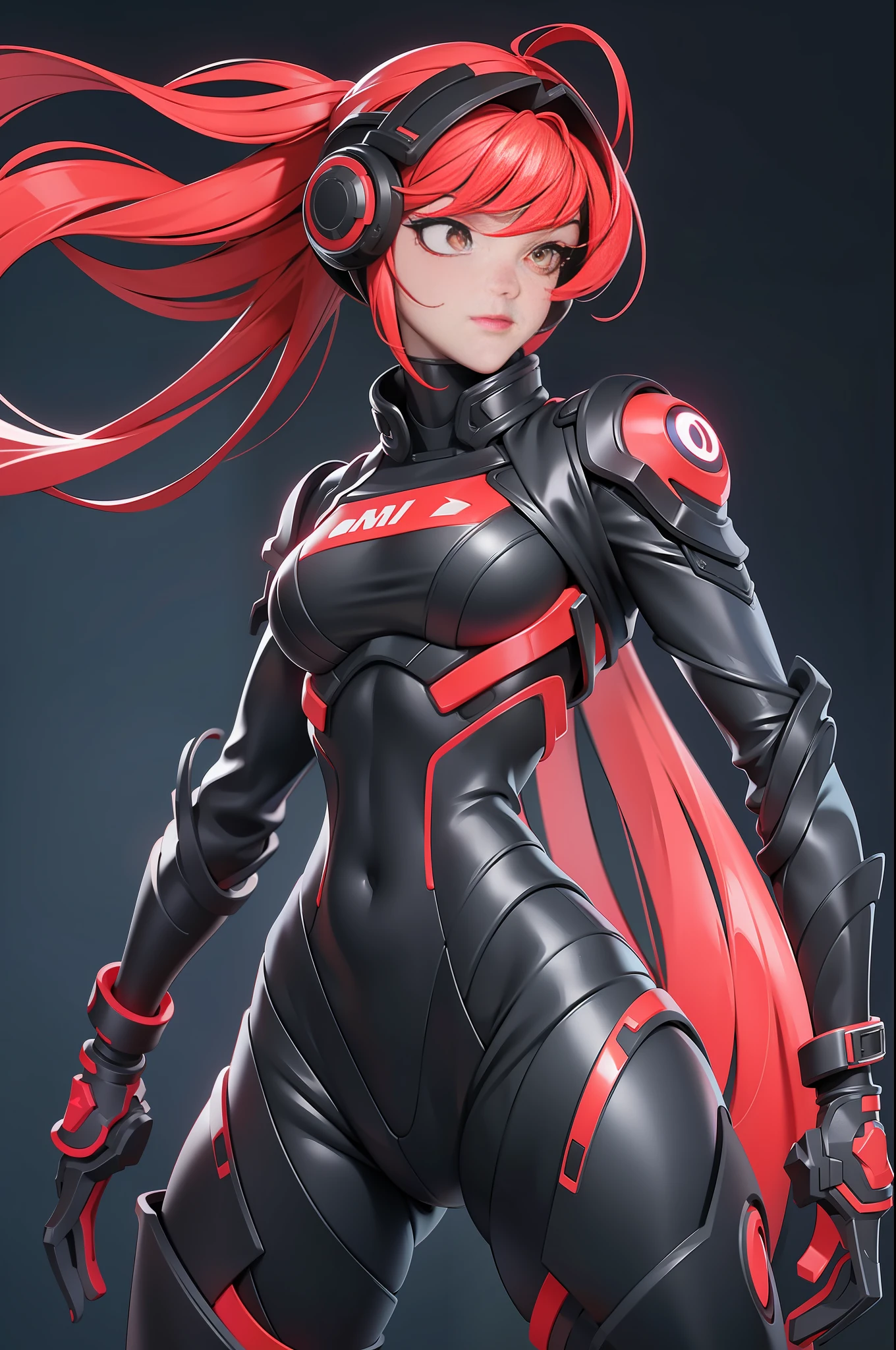 full body picture Unreal Engine 5 8K UHD of beautiful girl, red pony tail hair, wearing futuristic black tight battle suit, half face mask, futuristic neck collar, red light details, dark makeup, best quality, masterpiece