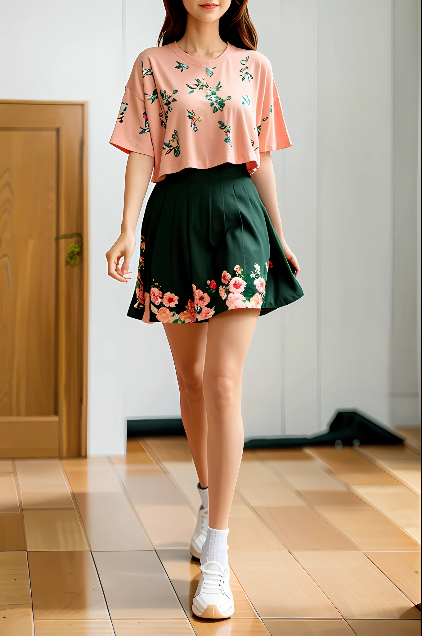 Floral mini skirt, loose t-shirt, dad sneakers.