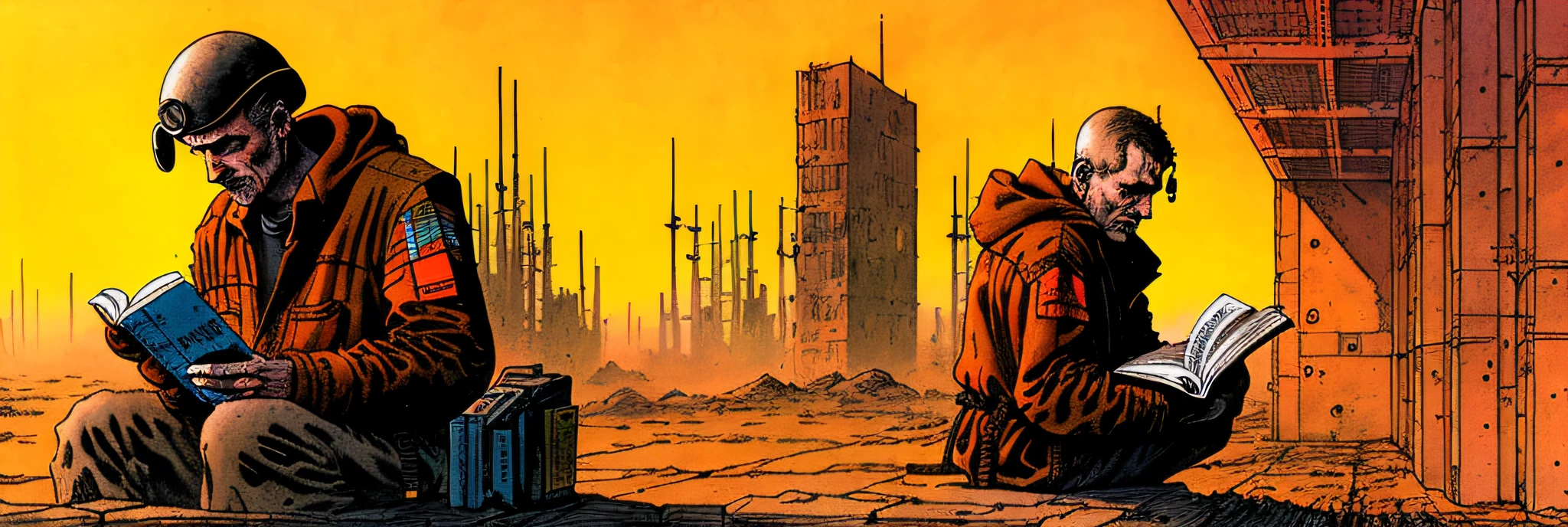 1 men reading a book, 1 science fiction, complex scene futuristic, post-apocalyptic
dark, dim light, dark-scene, brown-scale, orange-scale, dark
( ink sketch by Enki Bilal)((masterpiece, best quality, )),