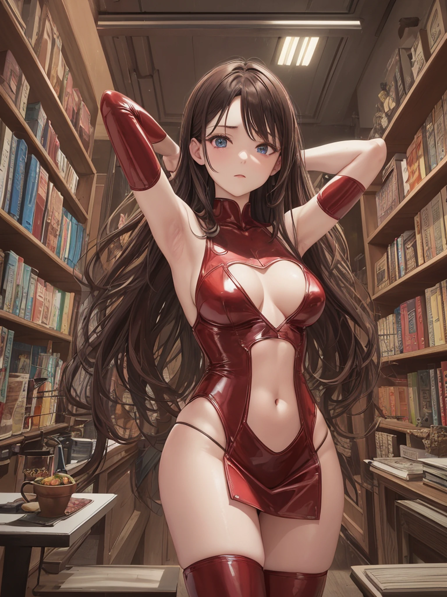 Hermosachica Coriana, short red latex dress, Takorn Altos, Centa do Undlono, Hermosus Pielnas, Pier Ultra Realista, long brown hair, Conuna flor an La Cabesa, red neon lights on background, woman standing in front of a bookshelf, photo, singhanga, armpits, live footage, no extra arms!, ! movie scenes, comfortable atmosphere, Strongest Pose, Trending on CGSTATION, Face Shows No Emotion, Cone, Bluish, 150mm, 8 Hours, Disturbing, Store, Music Video
