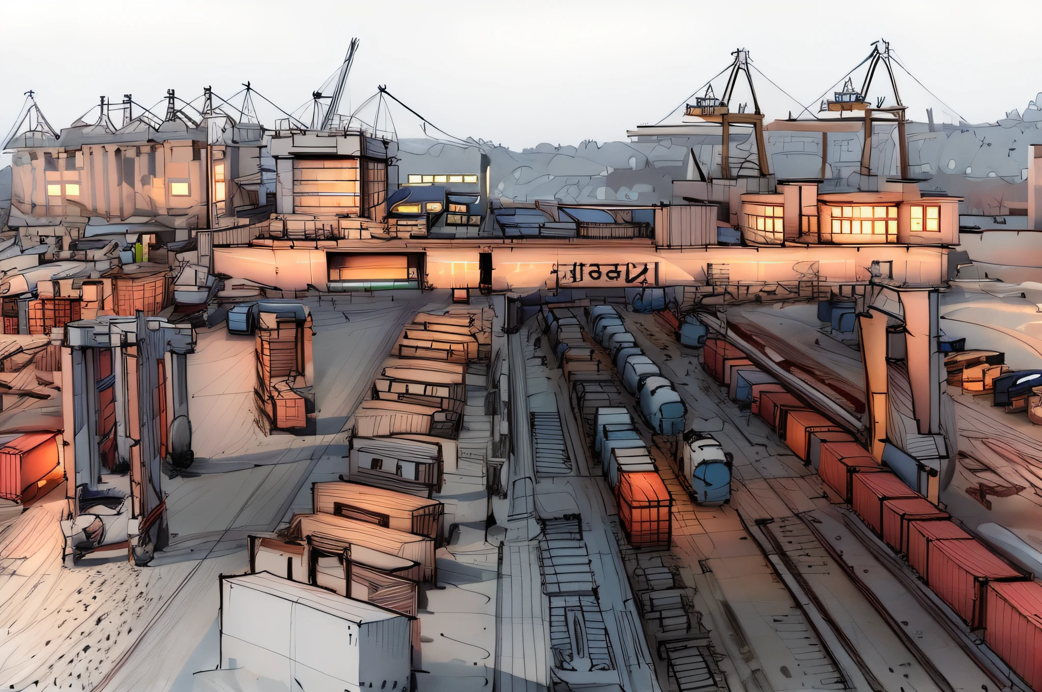 sketch, sketch, pen_sketch_style, arafly loading containers on the railway road with a crane in the background, yard, high-quality image", shipping docks, trade warehouses, in the photo large terminal, sea containers, high quality loading, dsrl