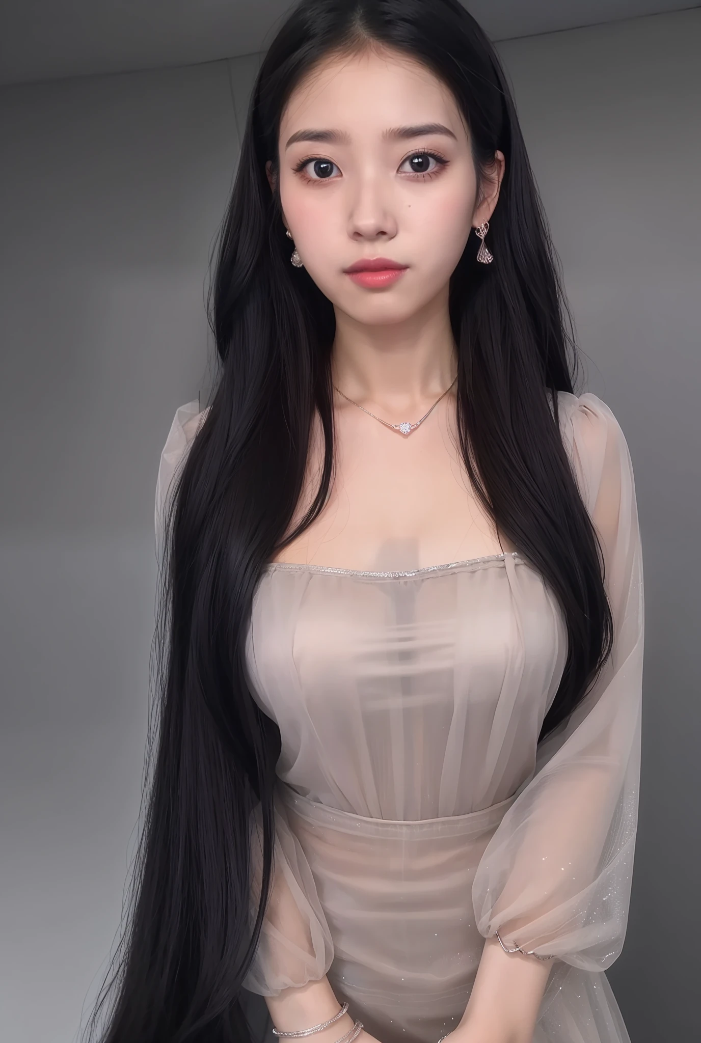 1girl, black_hair, breasts, brown_eyes, earrings, gradient, gradient_background, grey_background, jewelry, lips, long_hair, long_sleeves, looking_at_viewer, necklace, realistic, solo, v_arms