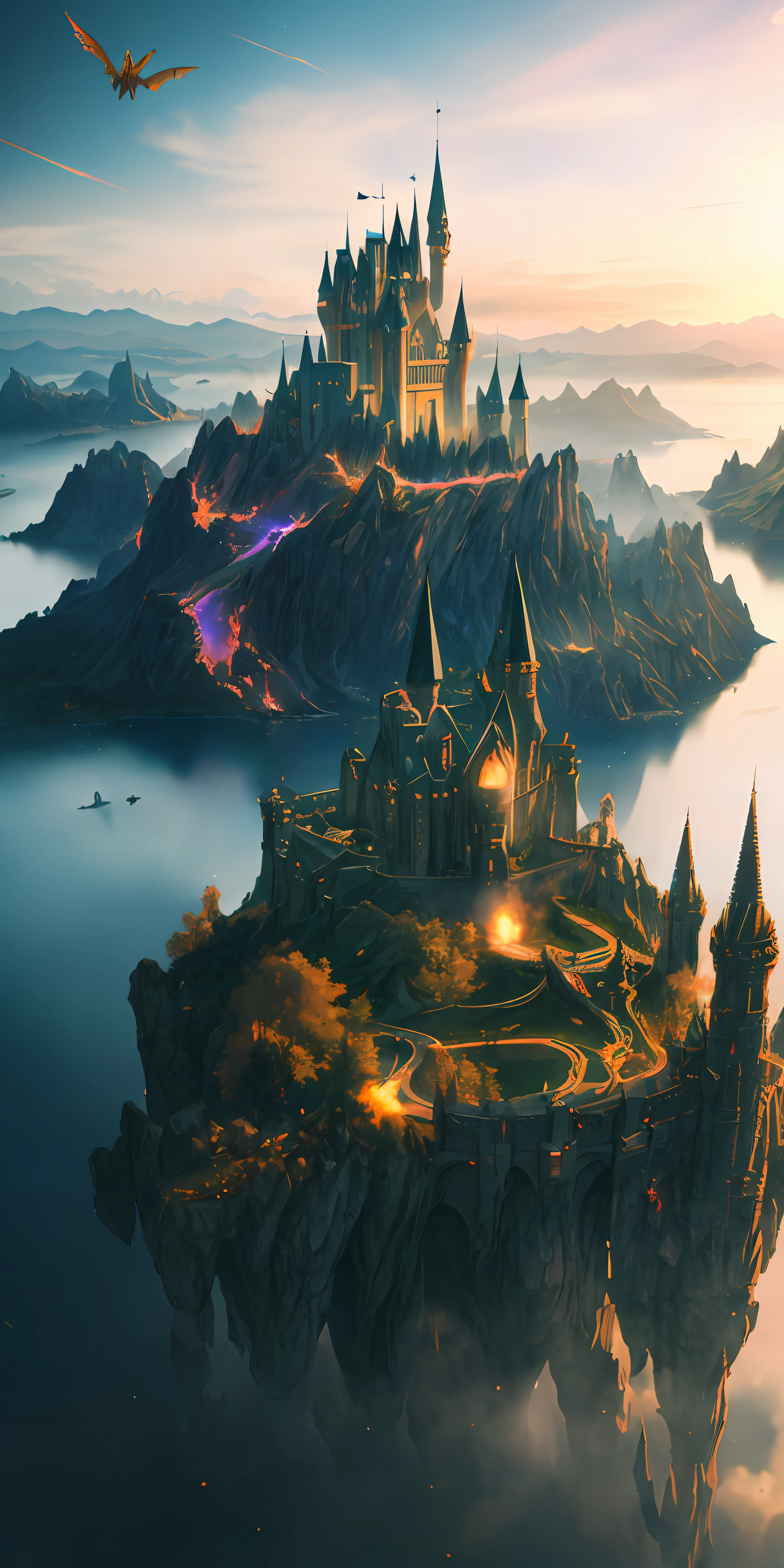 ((masterpiece)), best quality, high quality, ((extremely detailed CG unity 8k wallpaper)),(fantasy), A place like black magic world, dark-ish color, castles, tremendous dragons fly in the sky, huge dragons, dragons shooting lots of  fire balls, ruining the ground, magic movie style, harry potter movie style, viewing on higher mountain, Mono Lake, 3D Digital Paintings,award winning photography, Bokeh, Depth of Field, HDR, bloom, Chromatic Aberration ,Photorealistic,extremely detailed, trending on artstation, trending on CGsociety, Intricate, High Detail, dramatic, art by midjourney