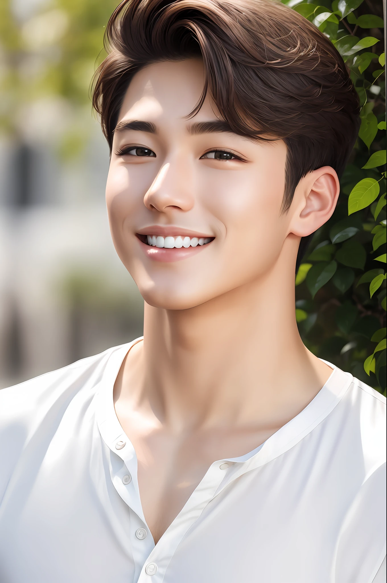 oppav3, (masterpiece, super quality, high resolution, 8k, complex: 1.2), (detailed face: 1.2), (wearing a white shirt: 1.5), handsome, detailed skin, pores, absurdity, lump, 1 boy, male focus, (realistic)), good lighting quality, delicate body, hallyu idol, ((pale skin)), bend, balanced eyes, brown eyes, smile, white teeth, smooth hair