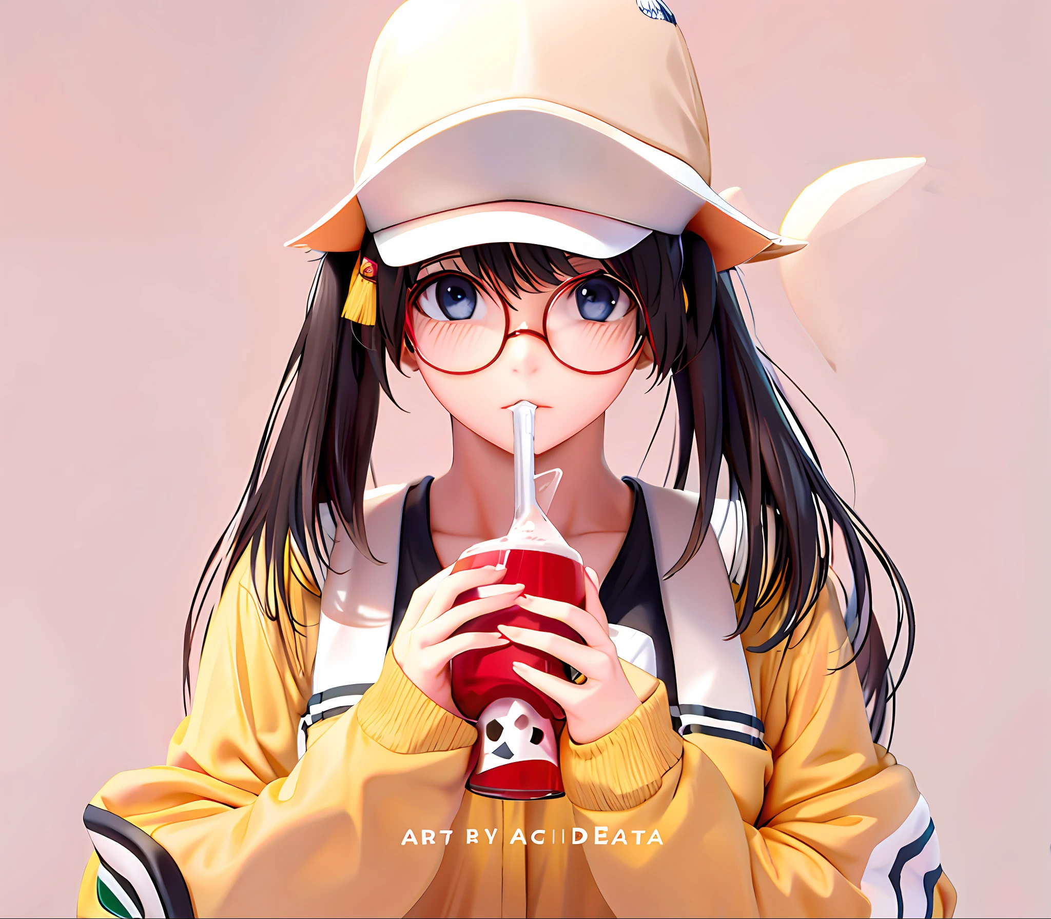 Anime girl drinking drink with glasses and hat