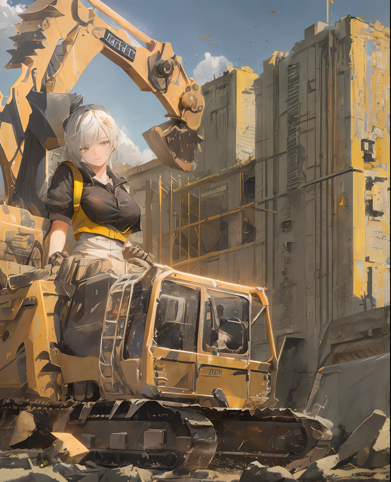 (((Excavator Girl))),Girl, pretty face, construction, heavy equipment, masterpiece, detailed picture, cute, 