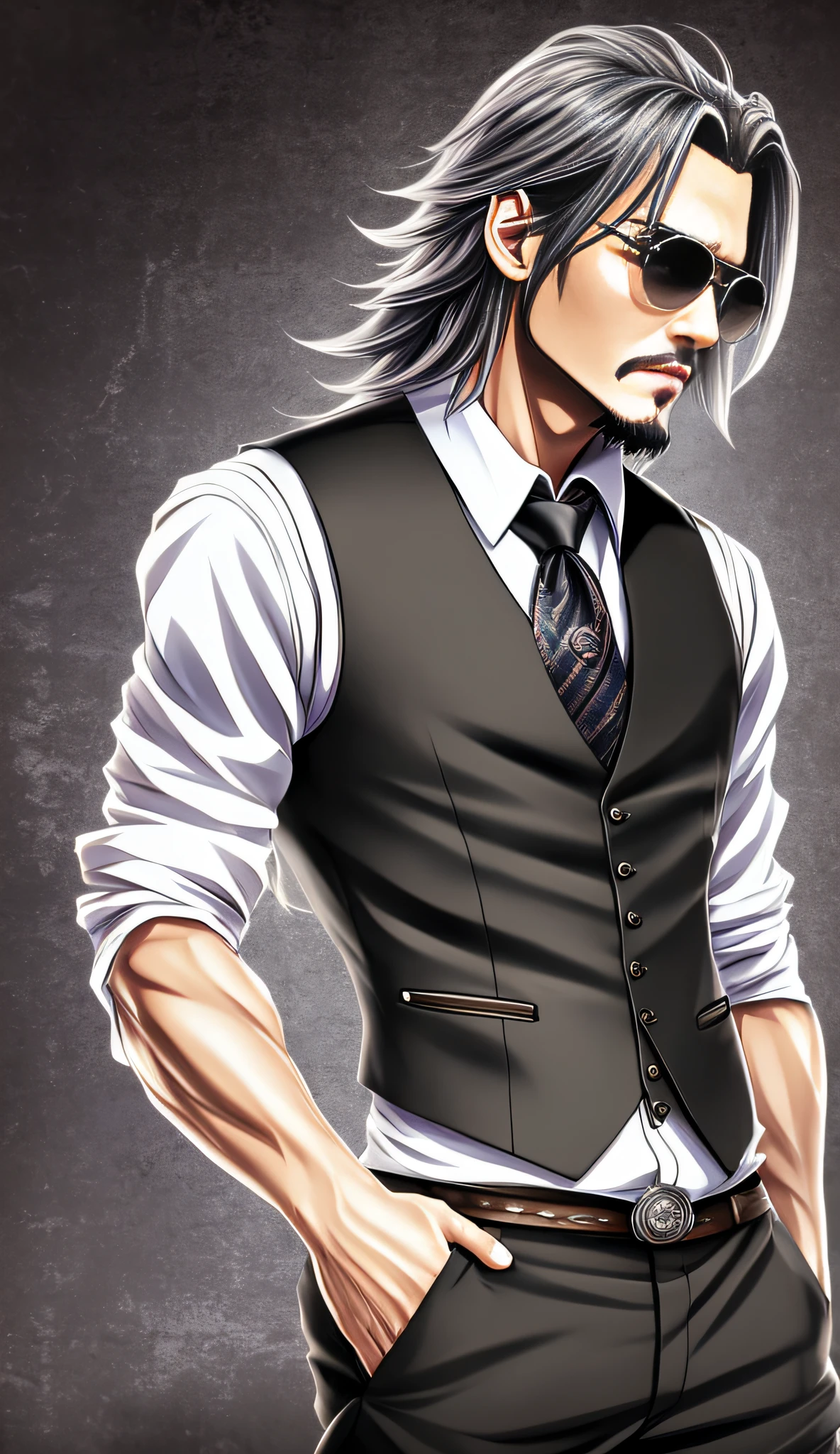 (highest quality, super masterpiece),8k,(anime style)、slender,vest,johnny's man,vest,frombihind,(full-body)、transcendently well-groomed face (full-body)(anime style)、round sunglasses,long gray hair tied back,johnny depp face,transcendently handsome,beard,((full body)), --auto --s2