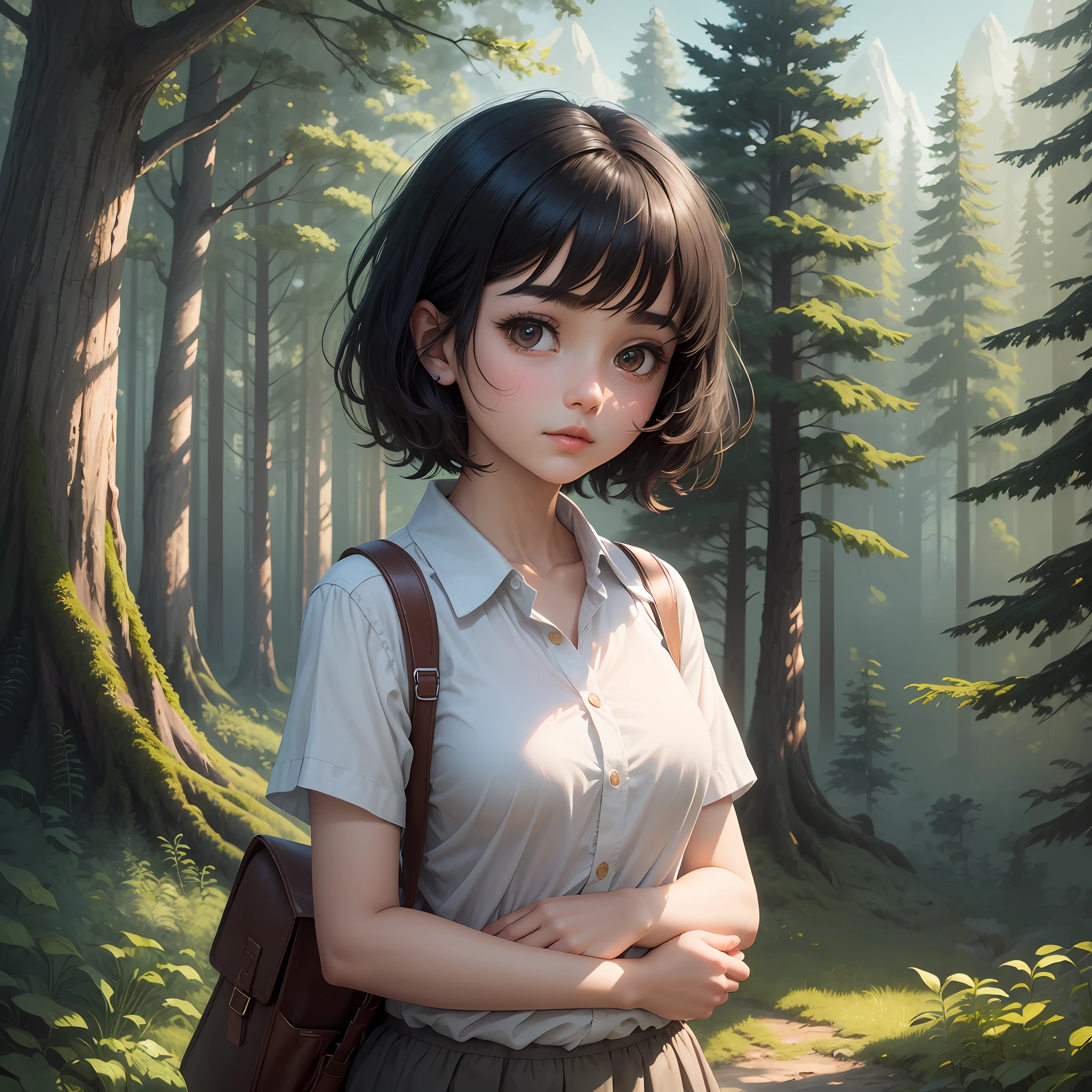 Girl with short black hair, solid round eyes, firm eyes, smooth skin, blush on her face, holding a book, girl facing a forest, large forest vista, surrealism, diorama drawing, standing painting, atmospheric perspective, super detail, precision, 8K, the scenery is grand, the girl is relatively small in the picture, there is a whale in the sky, relief, shadow, the sky has light, the girl is wearing a white shirt --auto --s2
