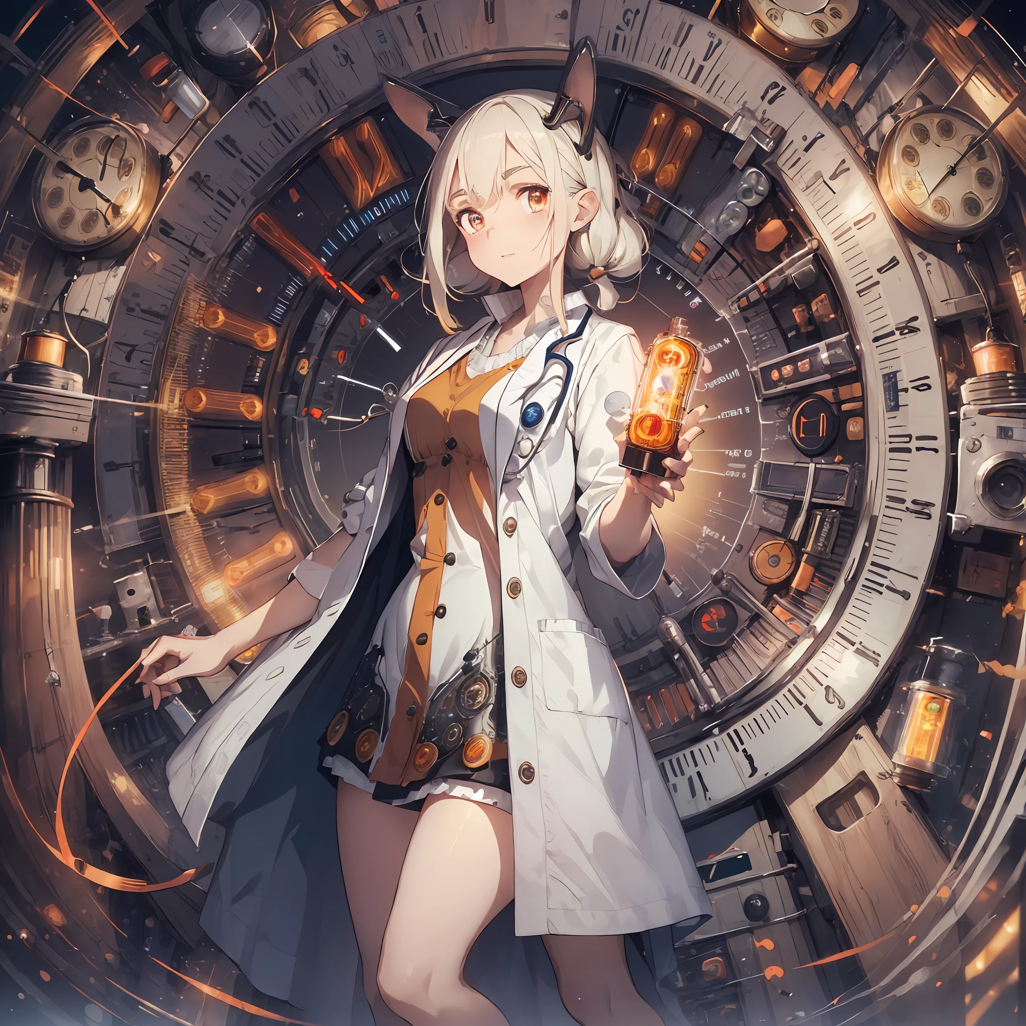 (Nixie tube clock in hand:1.4), ((doctor's) white gown:1.6), (Nixie tube clock with glowing orange: 1.4), cinematic lighting, oversized doctor coat, rabbit ears, thick eyebrows, eye sun, small, pigtails, beautiful blonde, braid, (masterpiece), ((highest quality)), (super detailed), Full body anime girl, clean and detailed face, beautiful eyes with high resolution, five fingers, textile shading, perfect human body structure, perfect anatomy,