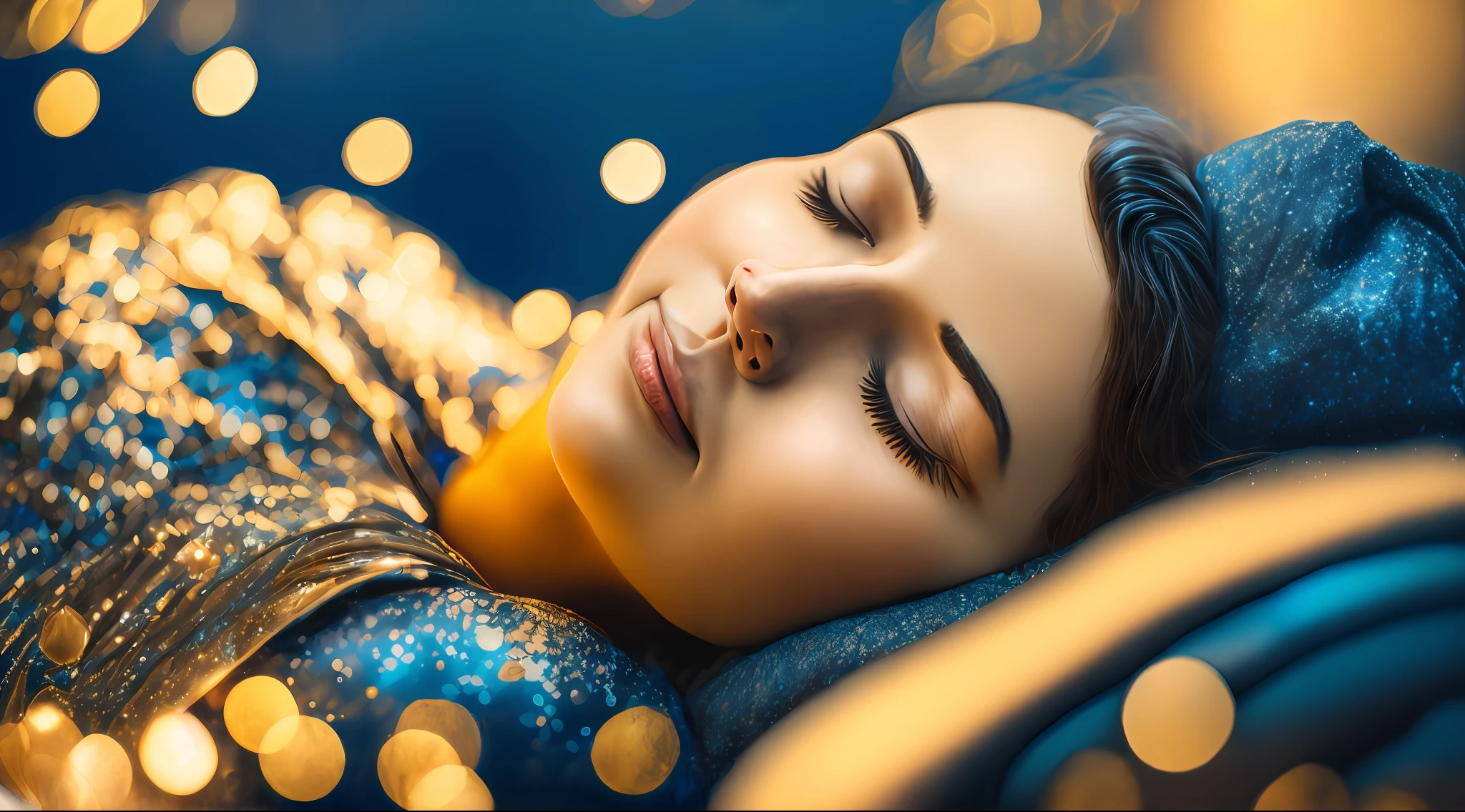 A woman in a sleeping pose, serene, mystical in golden and metatic blue clothing, relaxing, meditating, s, happy, bokeh
