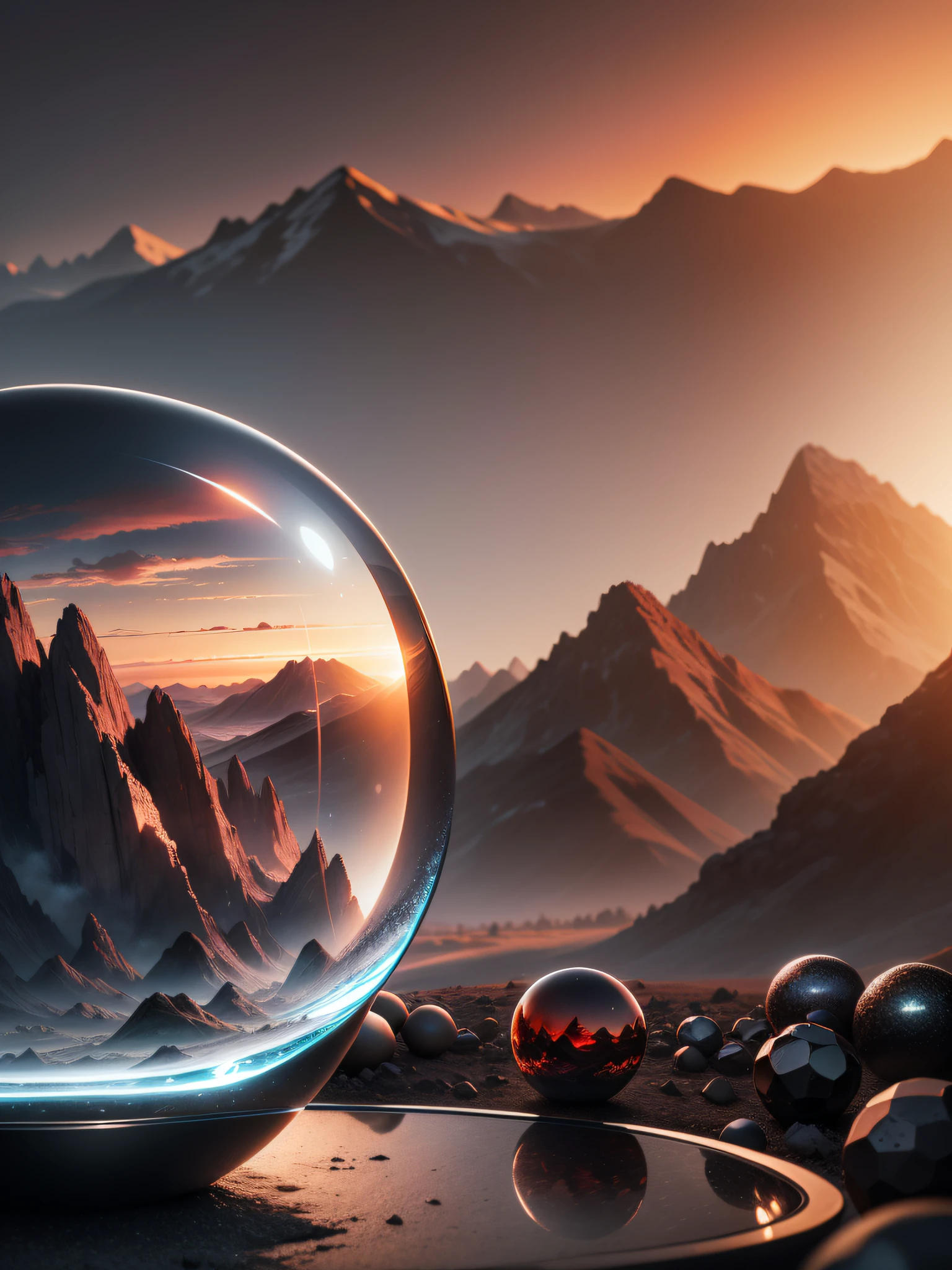 there is a glass sphere on a table with a lifeless black scorched earth inside a sphere with stones to the horizon and a mountain range in the distance ((masterpiece)), (best quality), CG 8k wallpaper, evening landscape, black, gray, red tones, setting sun, black earth