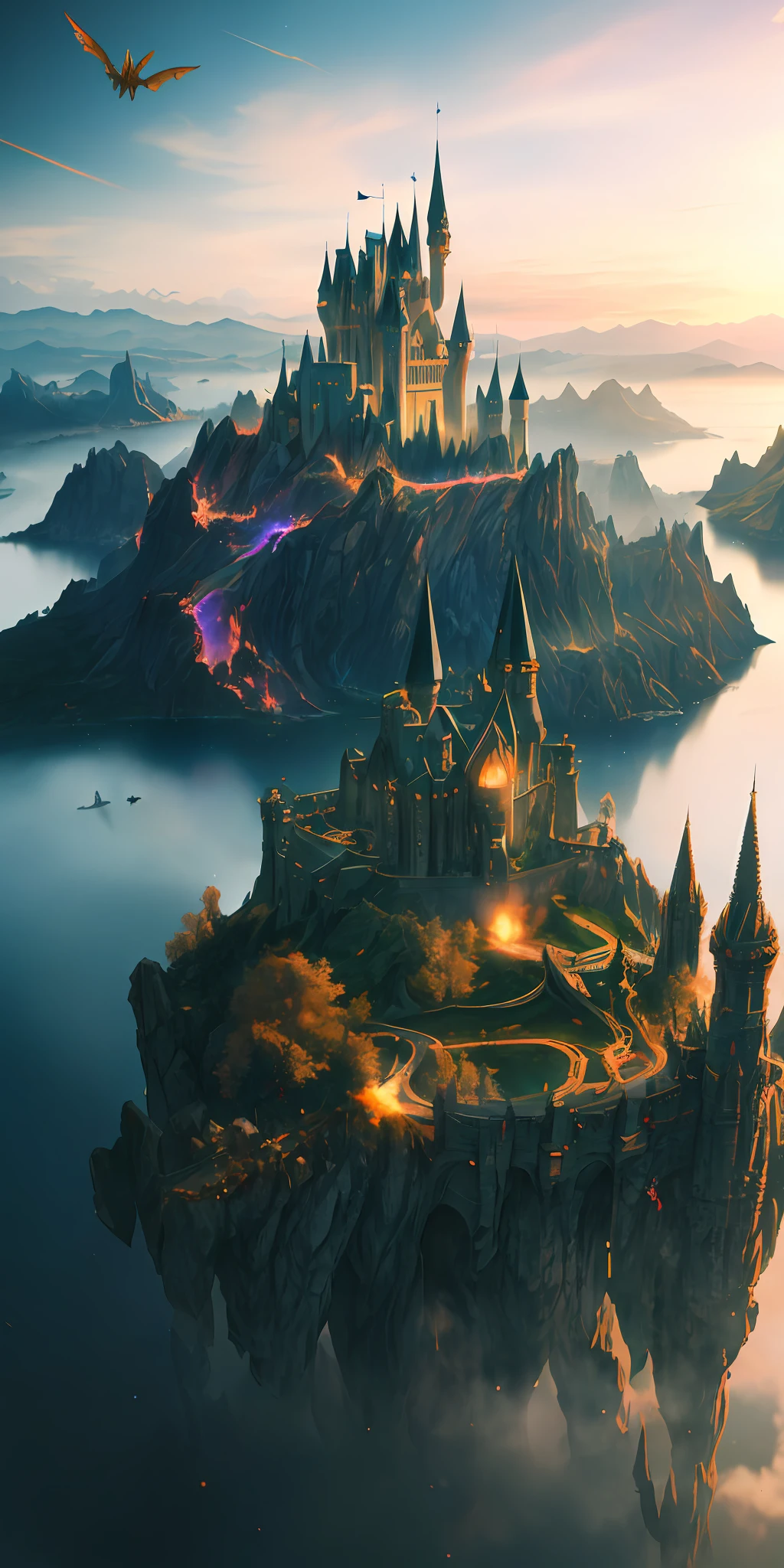 ((masterpiece)), best quality, high quality, ((extremely detailed CG unity 8k wallpaper)),(fantasy), A place like black magic world, dark-ish color, castles, tremendous dragons fly in the sky, huge dragons, dragons shooting lots of  fire balls, ruining the ground, magic movie style, harry potter movie style, viewing on higher mountain, Mono Lake, 3D Digital Paintings,award winning photography, Bokeh, Depth of Field, HDR, bloom, Chromatic Aberration ,Photorealistic,extremely detailed, trending on artstation, trending on CGsociety, Intricate, High Detail, dramatic, art by midjourney