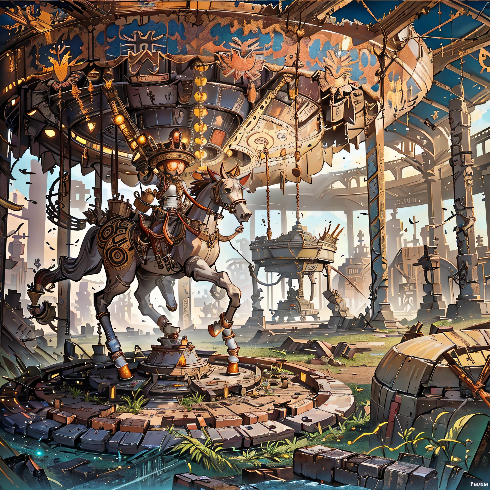 Photography of a forgotten carousel in the middle of an abandoned amusement park. The carousel is masked in layers of cobweb and dust, yet the hue of its flawless porcelain horses still radiates with the perfect imperfection of an abandoned and forgotten time. Faint sunlight filters through the cracks of the derelict roof, casting a movie-like glare where it lands on the ground, a few inches from the centre of the carousel. Capture the carousel in a 2-point perspective with a vintage-style lens, making the couplers and its rusted crown the main focal point. --auto --s2