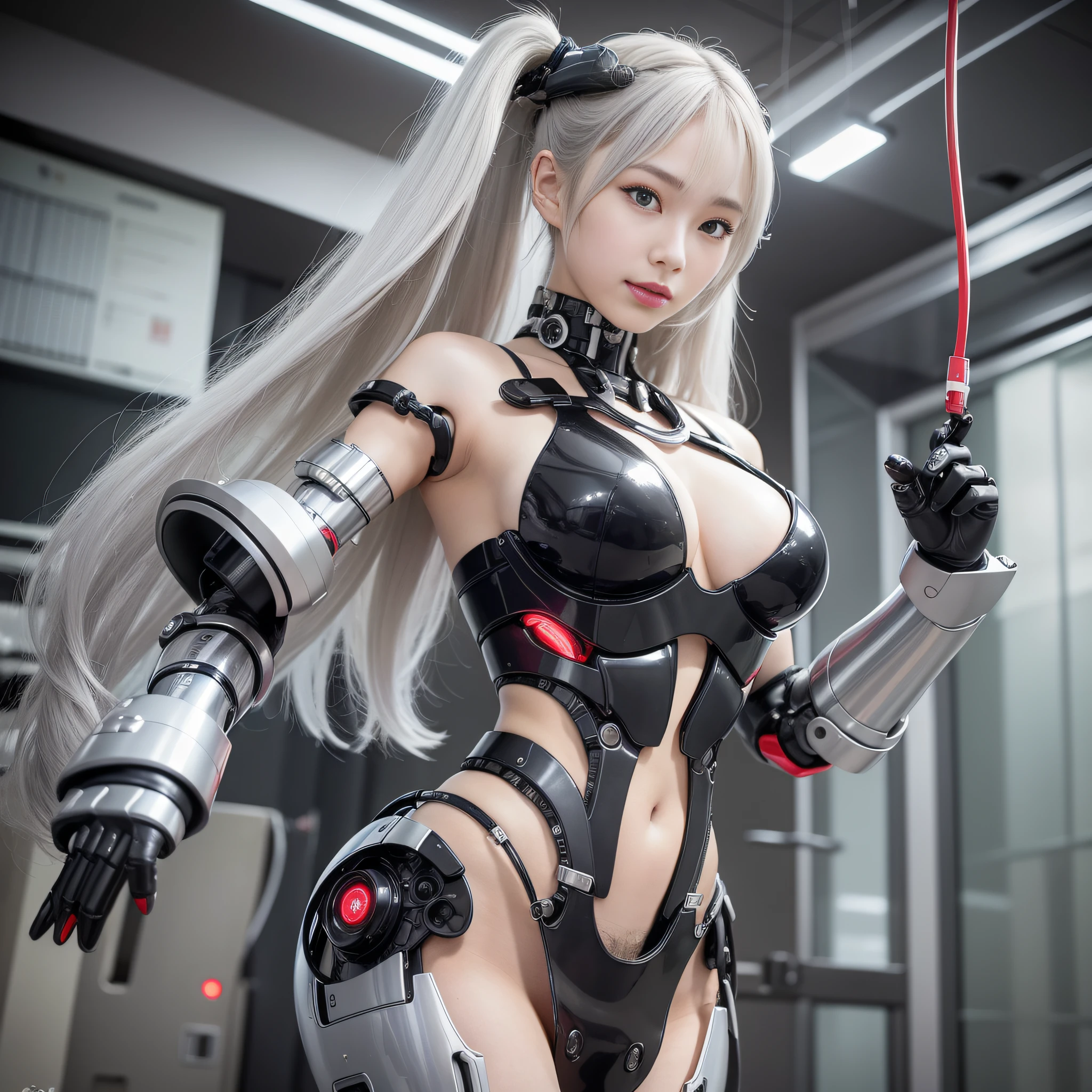 Beautiful Face,face is Japan, 1 Woman, Big, Curvaceous, (16k, RAW photo, top quality, masterpiece: 1.2), (HDR, Realistic, Photorealistic: 1.37) (tube attached to the body), (Bikini Cyborg robot parts)))), (light gray hair), Long hair, Wavy hair, Twin tails, Medium shot, ( Seductive smile)), (black eyes), princess cut,from below,(whole body),posing,,in the lab,( tube connected to blood vessel),((mechanical vertebrae attached to the back)),((mechanical neck attached to the neck)),(wire cable attached to the head and body),(character focus),science fiction,perfect female figure,perfect anatomy,ultraanatomy, Full body shot, up to 4 fingers and 1 thumb relationship,