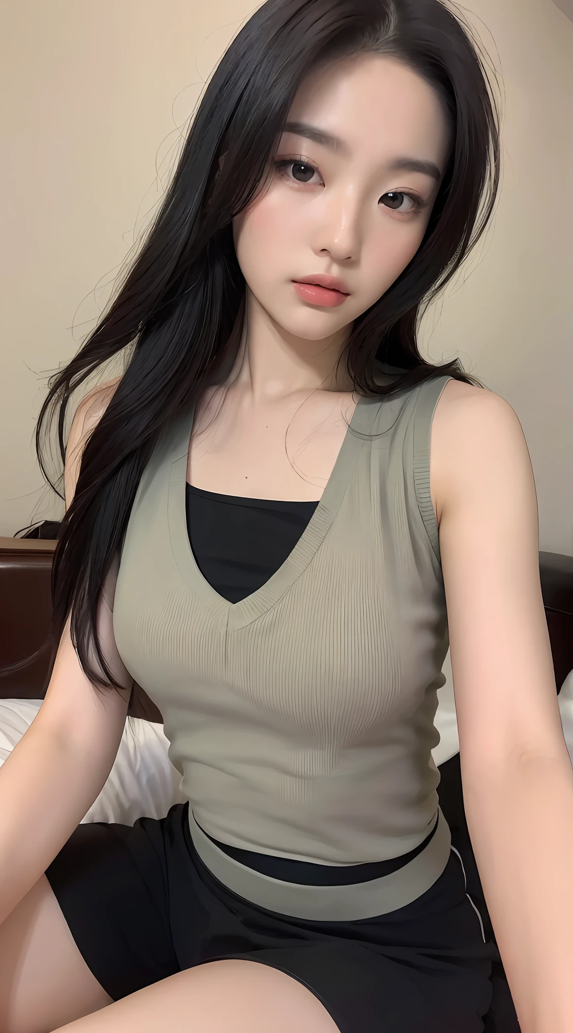 ((Top quality, 8k, Masterpiece: 1.3)), beauty, hidden face, 1 girl, beauty: 1.3, slender abs: 1.1, camisole vest, long black hair, (sitting on bed), ultra-detailed face, highly detailed lips, detailed eyes, double eyelids, tuned uniform,