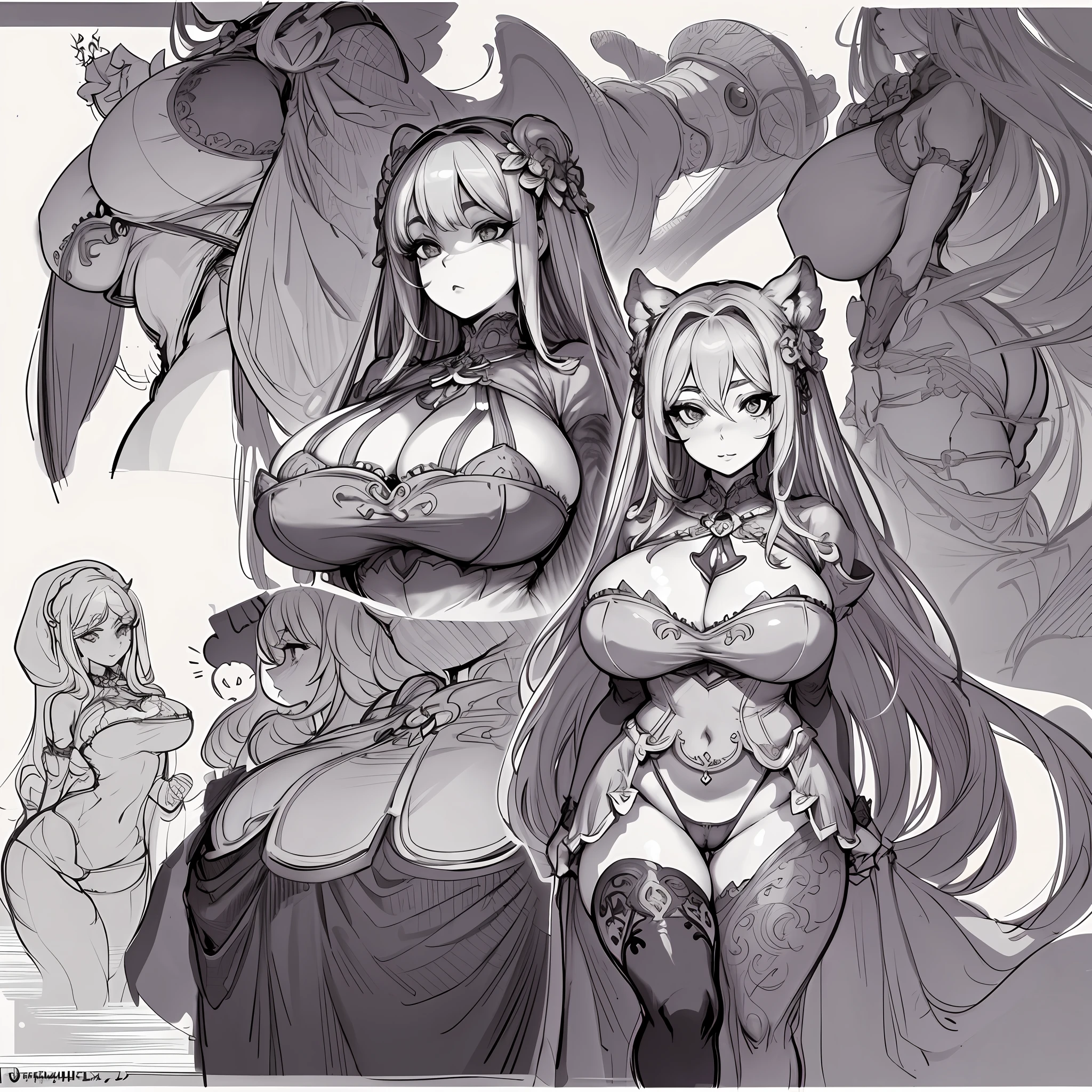 reference sheet, concept character, character design, sketch,doodletits,, sexy lips,
(gigantic and massive  cameltoe:1.1), breasts, official illustration, illustration, detailed face, beautiful intricate eyes, curvy milf, 1:2), closeup, titsnipples, harem outfit,, cameltoe, dungeon outfit