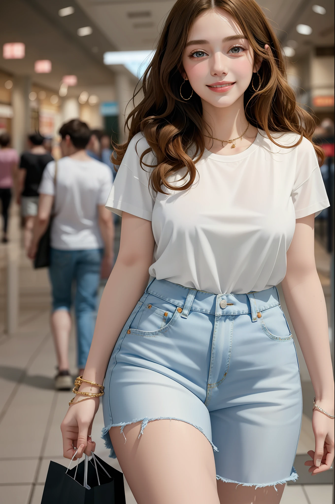 Masterpiece, best quality, super detailed,a beautiful girl,Curly hair, smile face,wearing white T-shirt and blue jeans, walking in the shopping malls, beautiful shopping malls background , detailed skin,8K, full body shot