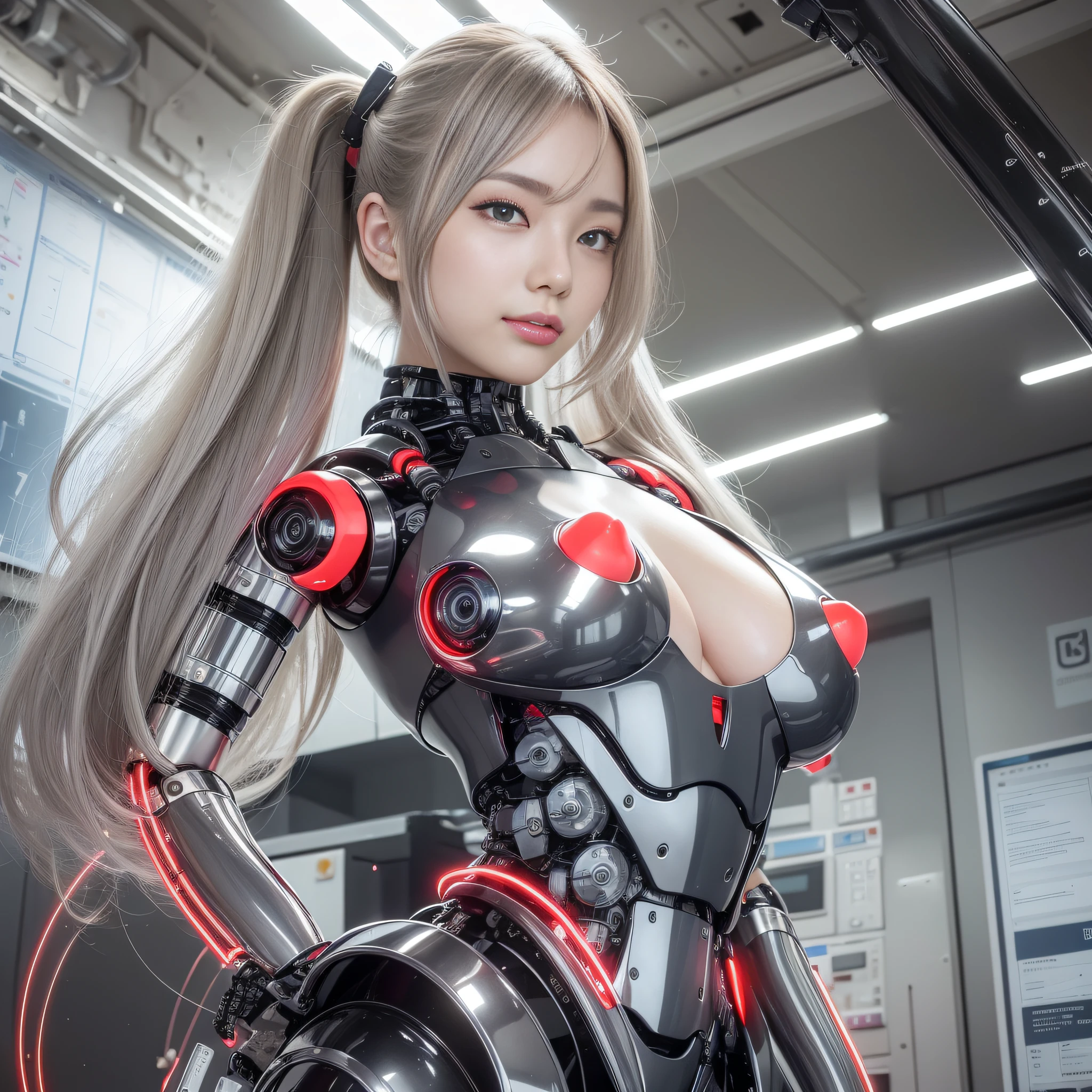 Beautiful Face,face is Japan, 1 Woman, Big, Curvaceous, (16k, RAW photo, top quality, masterpiece: 1.2), (HDR, Realistic, Photorealistic: 1.37) (tube attached to the body), (Bikini Cyborg robot parts)))), (light gray hair), Long hair, Wavy hair, Twin tails, Medium shot, ( Seductive smile)), (black eyes), princess cut,from below,(whole body),posing,,in the lab,( tube connected to blood vessel),((mechanical vertebrae attached to the back)),((mechanical neck attached to the neck)),(wire cable attached to the head and body),(character focus),science fiction,perfect female figure,perfect anatomy,ultraanatomy, Full body shot, up to 4 fingers and 1 thumb relationship,