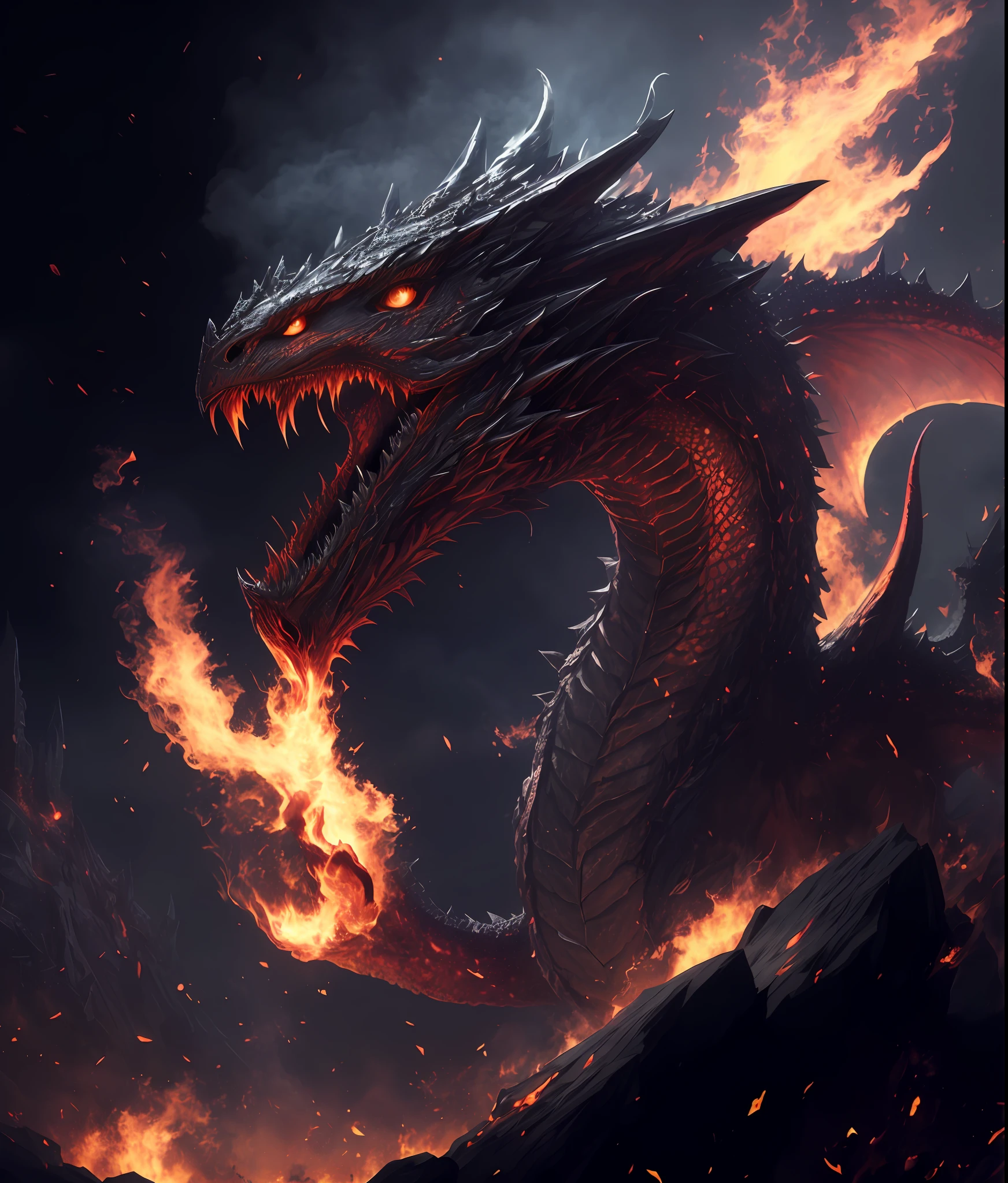 there is a dragon that is on fire in the dark, dragon breathing fire, ''dragon breathing fire, fire flaming dragon serpent, fire dragon, 4k fantasy art, hyperrealistic d & d fantasy art, fire breathing dragon, dragon blowing fire above, epic dragon, firebreathing dragon, dragon art, by Adam Marczyński, alduin