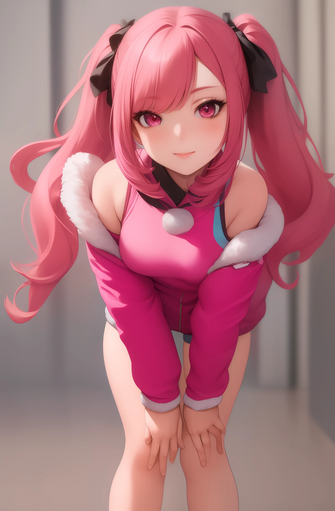 ((masterpiece)), (best quality), (detailed), 1girl,
looking at viewer,  (lipstick:0.75), leaning forward,
long pink hair, twintails,
colorful thighighs,
winter, vivid colors,